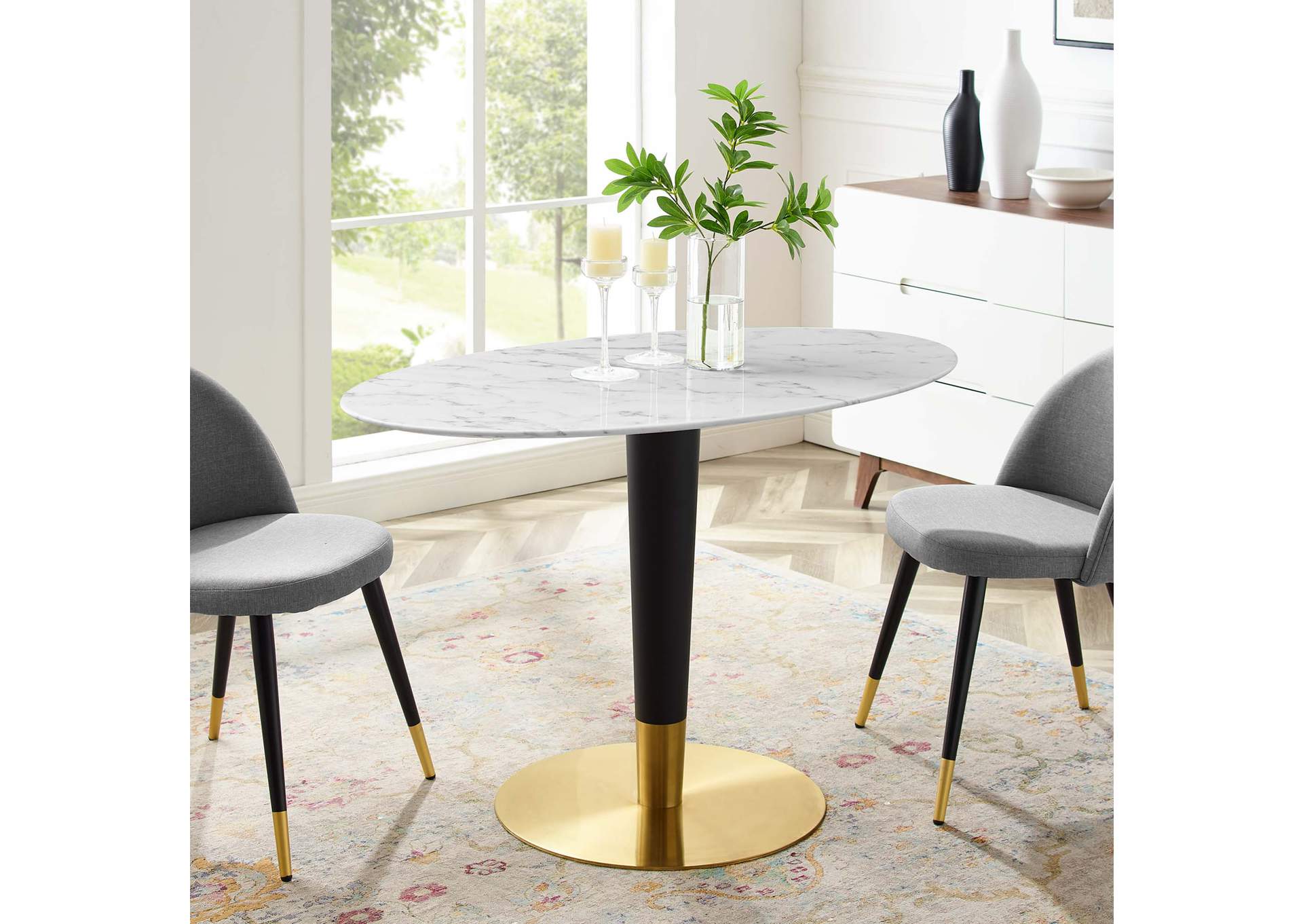 Gold White Zinque 48" Oval Artificial Marble Dining Table,Modway