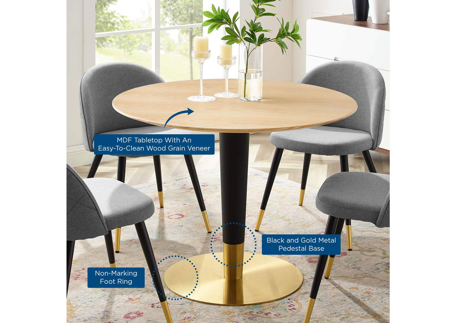 Gold Natural Zinque 40" Dining Table,Modway