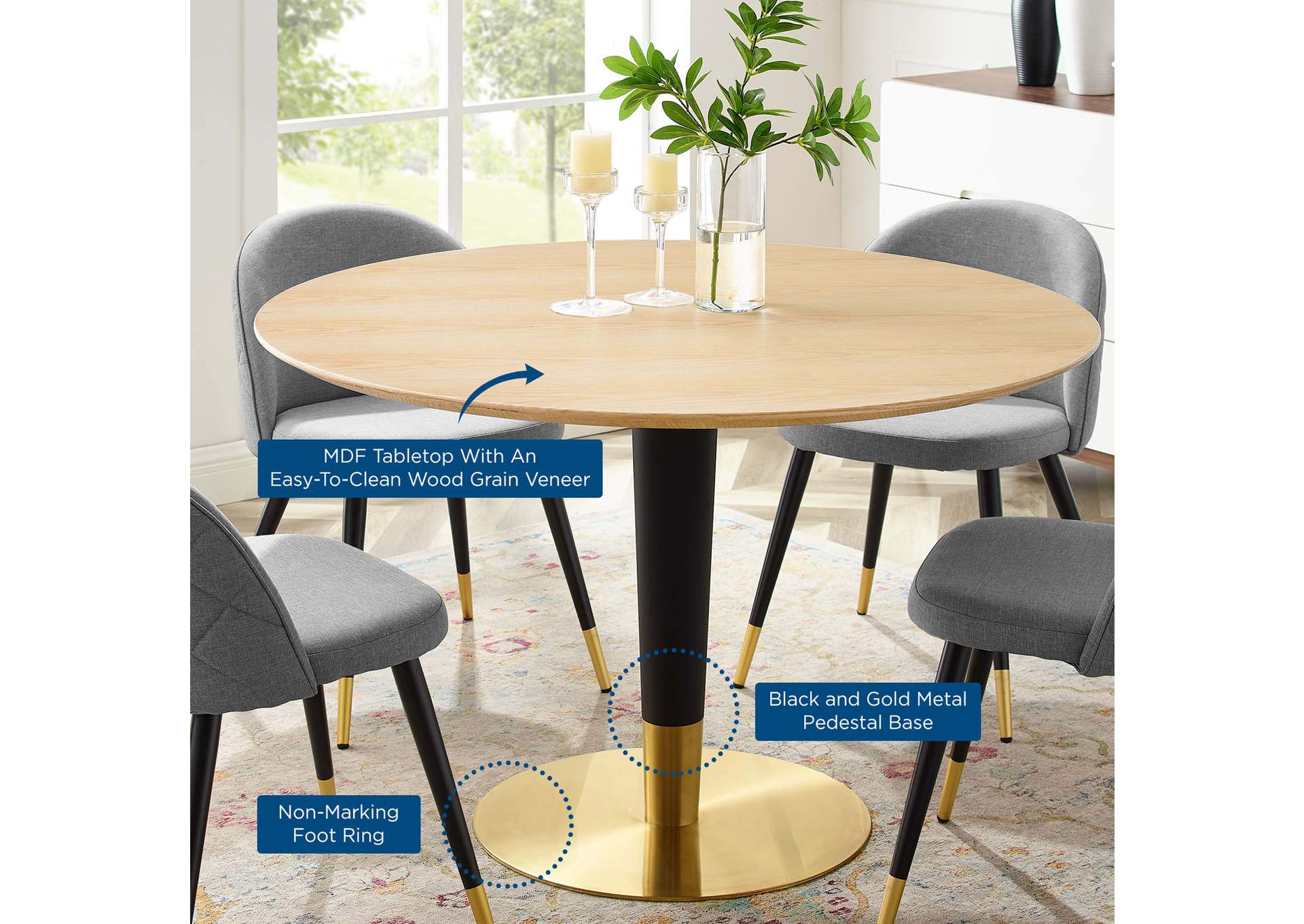 Gold Natural Zinque 47" Dining Table,Modway