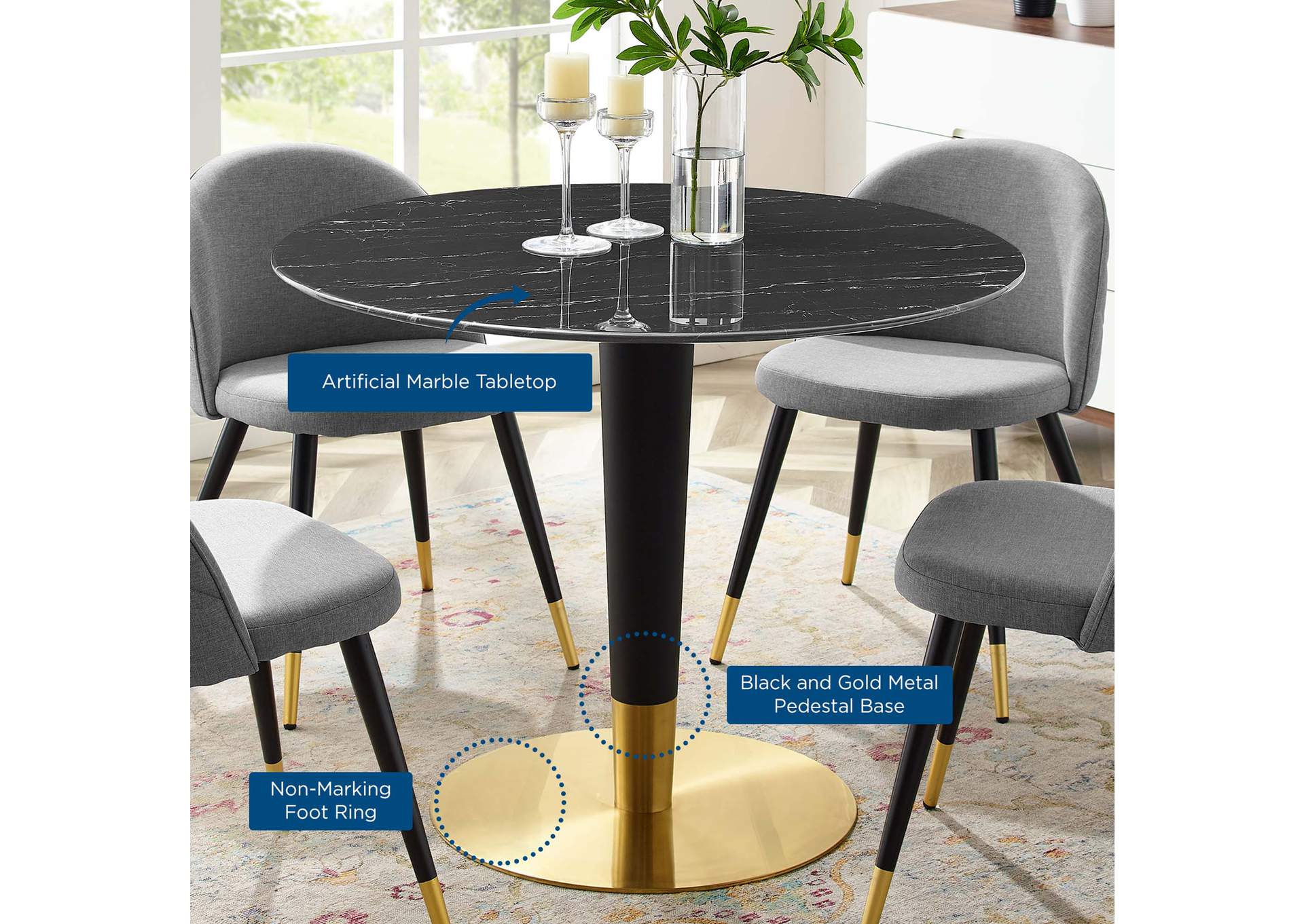 Gold Black Zinque 40" Artificial Marble Dining Table,Modway