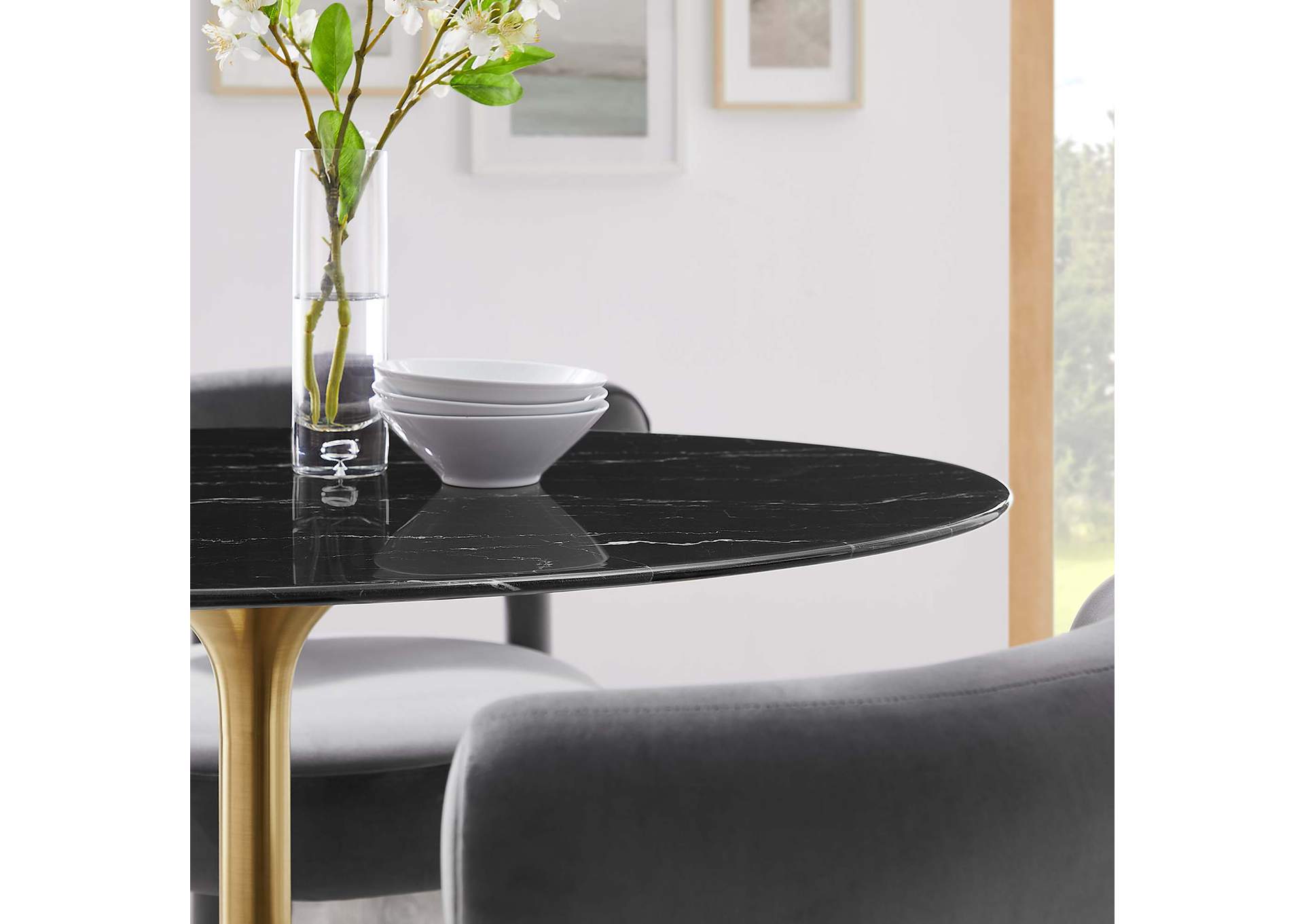 Gold Black Lippa 42"  Oval Artificial Marble Dining Table,Modway