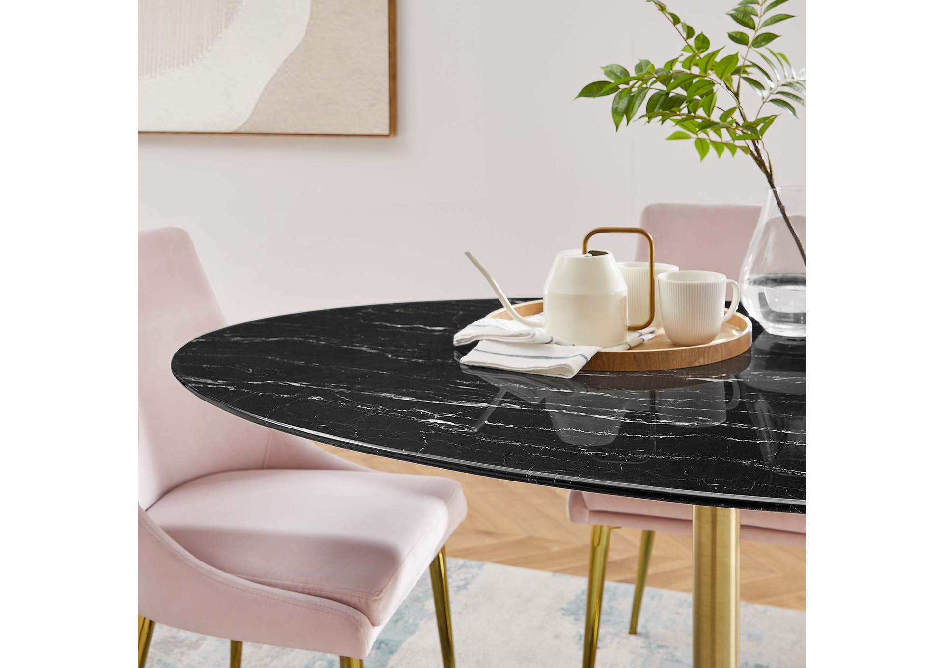 Gold Black Lippa 60" Oval Artificial Marble Dining Table,Modway