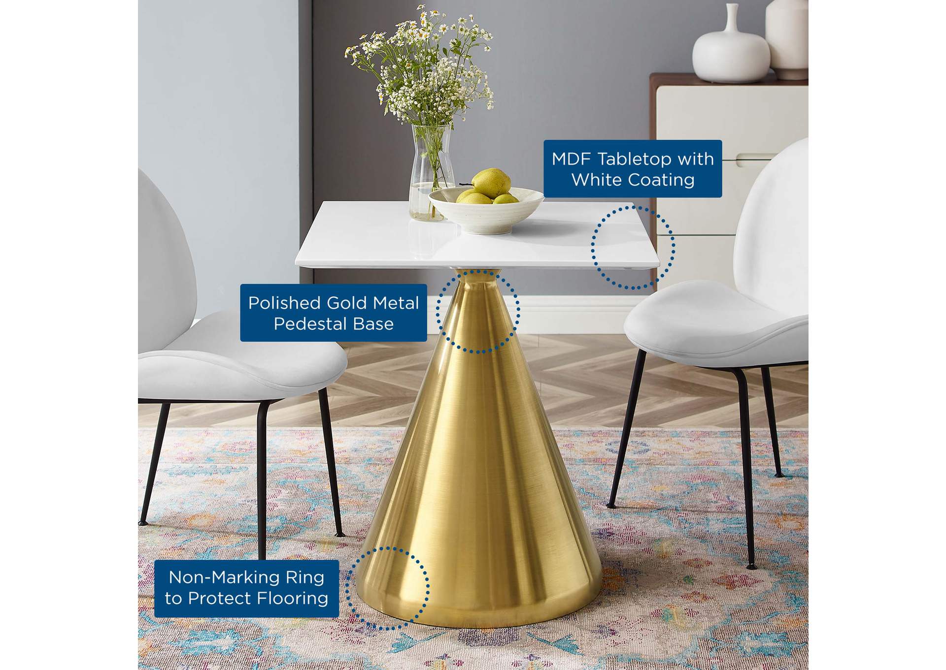 Gold White Tupelo 28" Square Dining Table,Modway