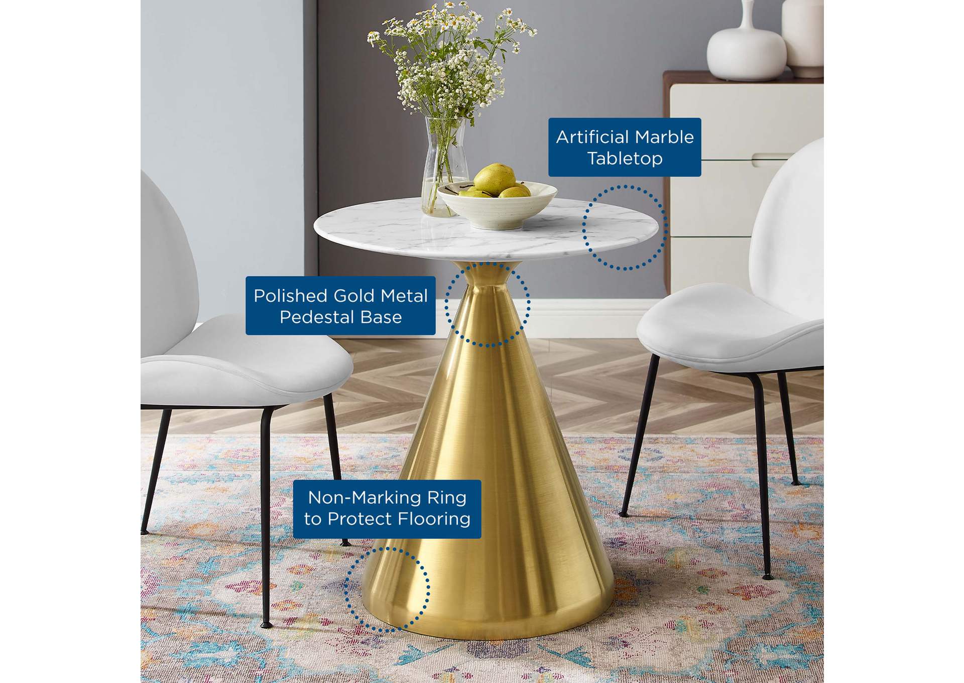 Gold White Tupelo 28" Artificial Marble Dining Table,Modway