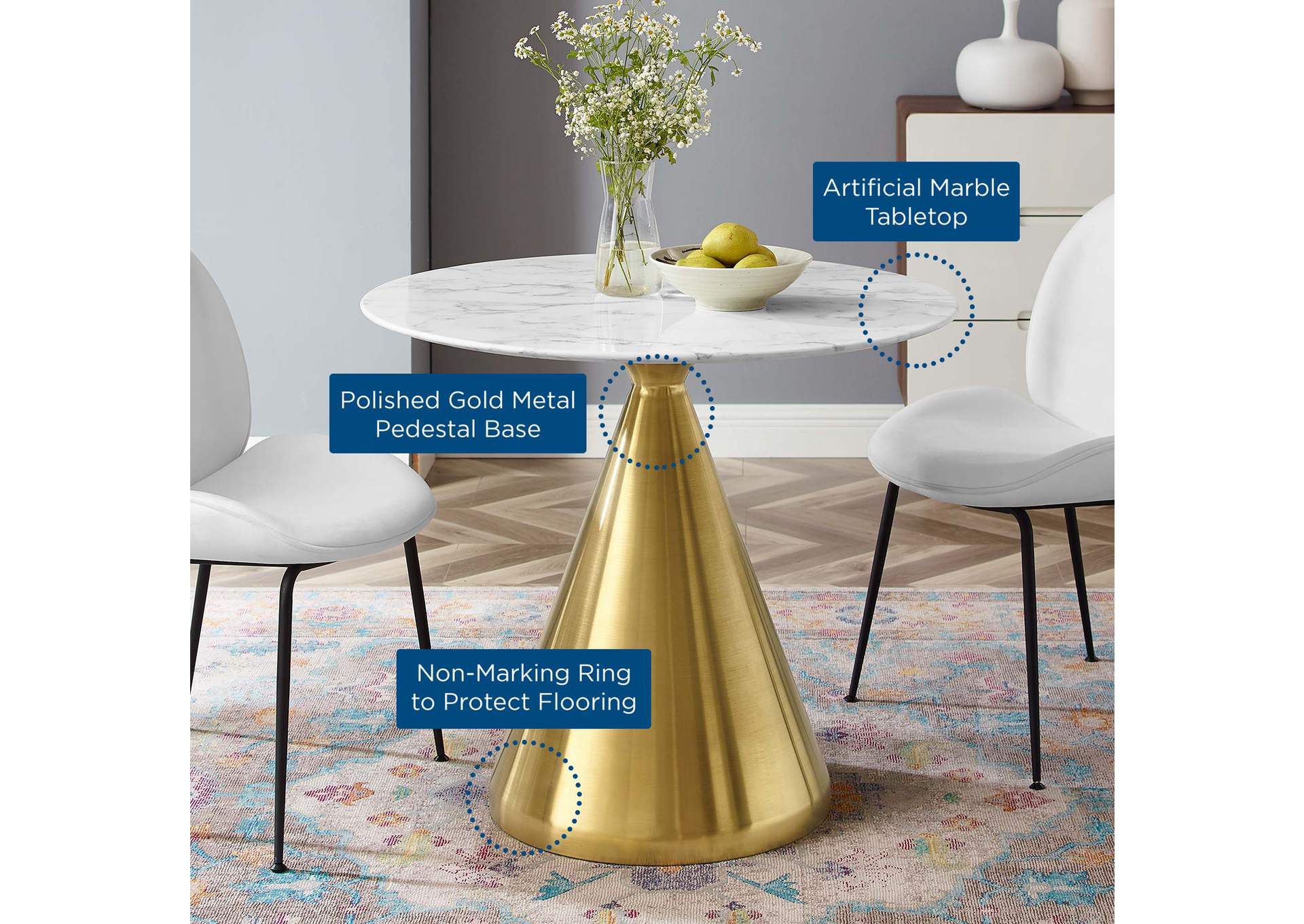 Gold White Tupelo 36" Artificial Marble Dining Table,Modway