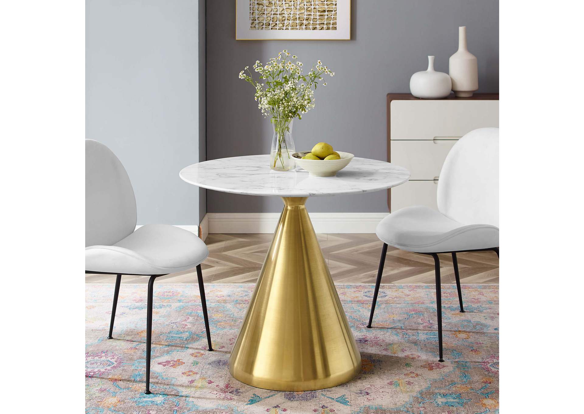 Gold White Tupelo 36" Artificial Marble Dining Table,Modway