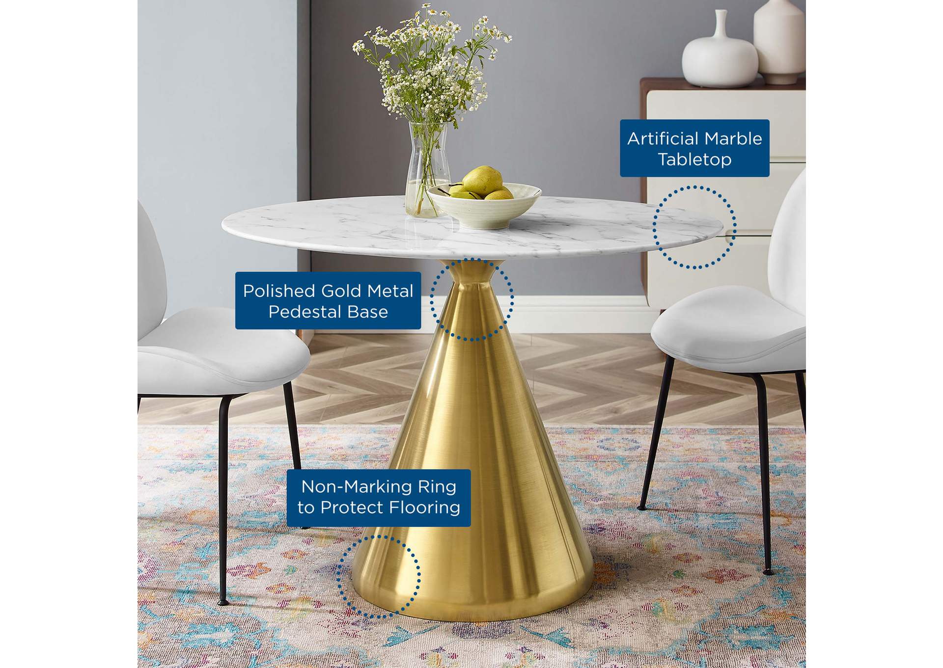 Gold White Tupelo 42" Oval Artificial Marble Dining Table,Modway