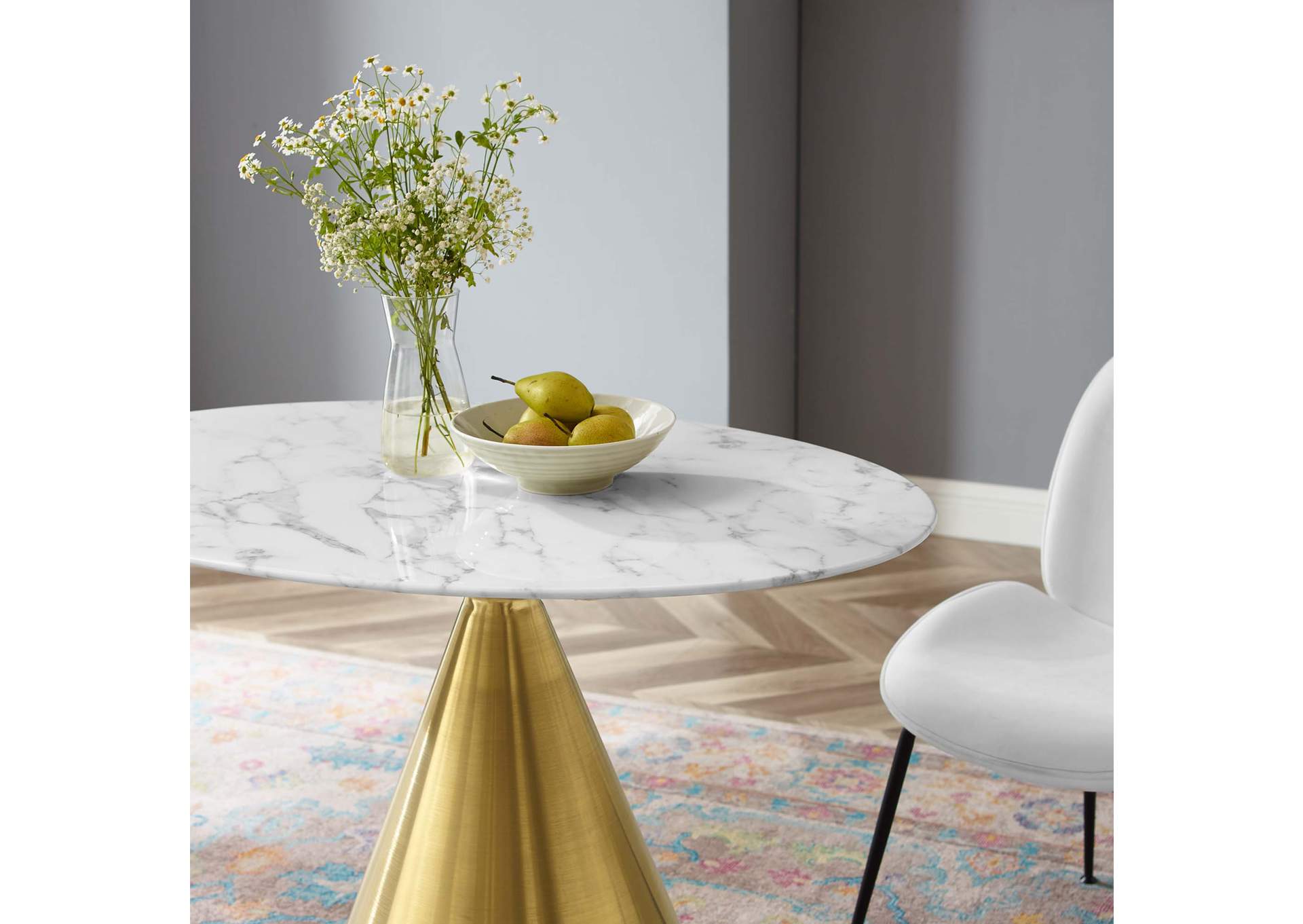 Gold White Tupelo 42" Oval Artificial Marble Dining Table,Modway