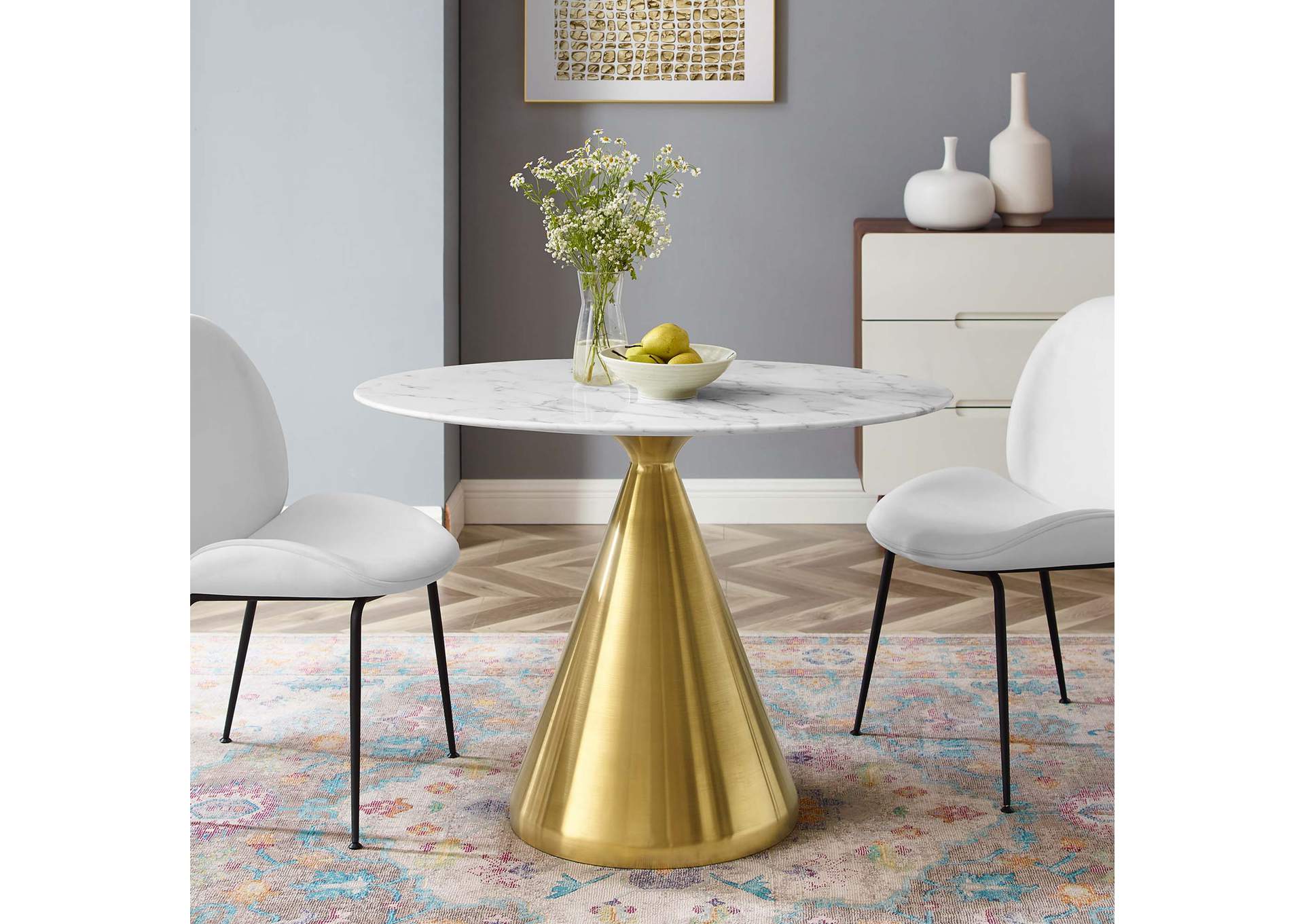 Gold White Tupelo 42" Oval Artificial Marble Dining Table,Modway