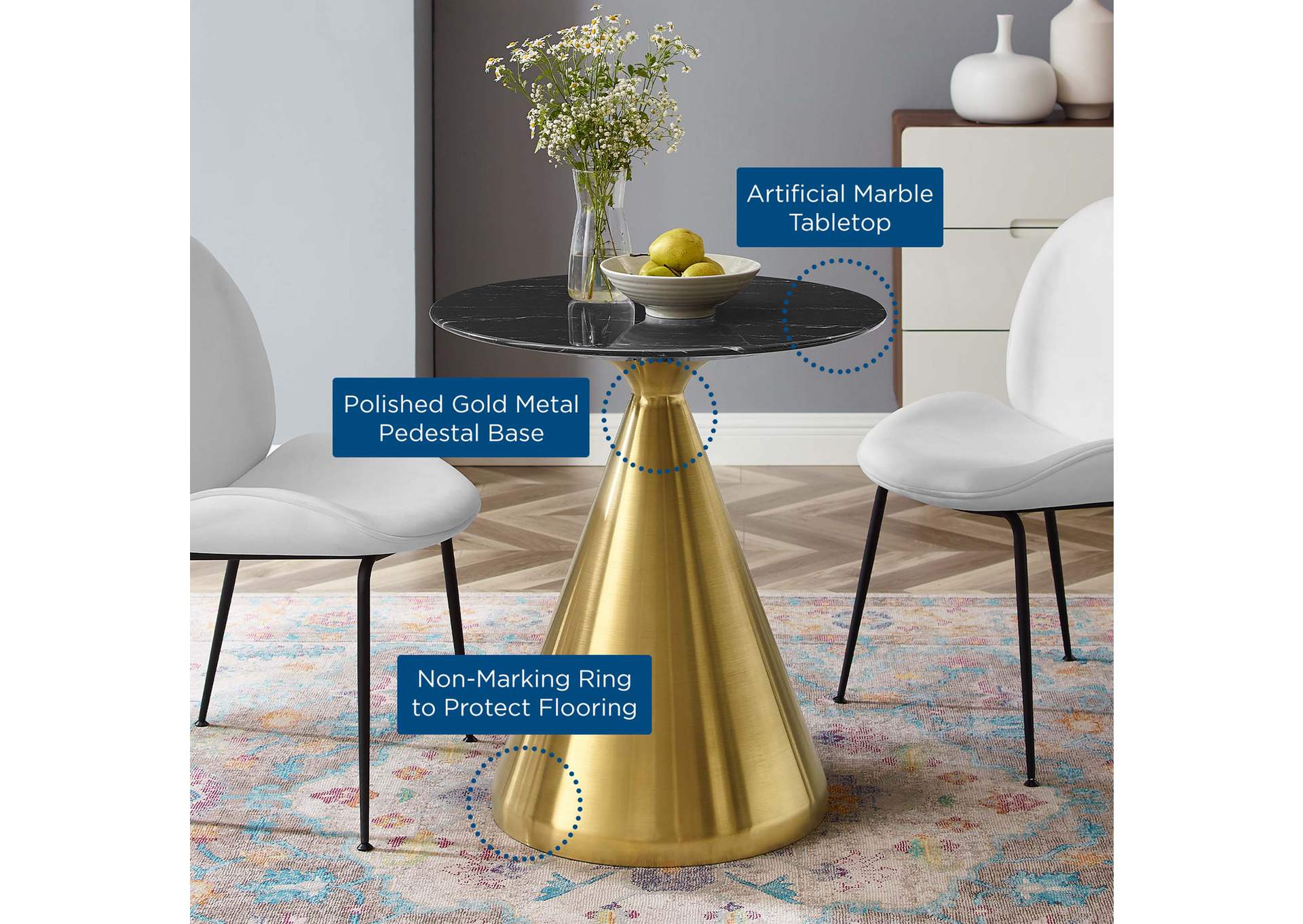 Gold Black Tupelo 28" Artificial Marble Dining Table,Modway
