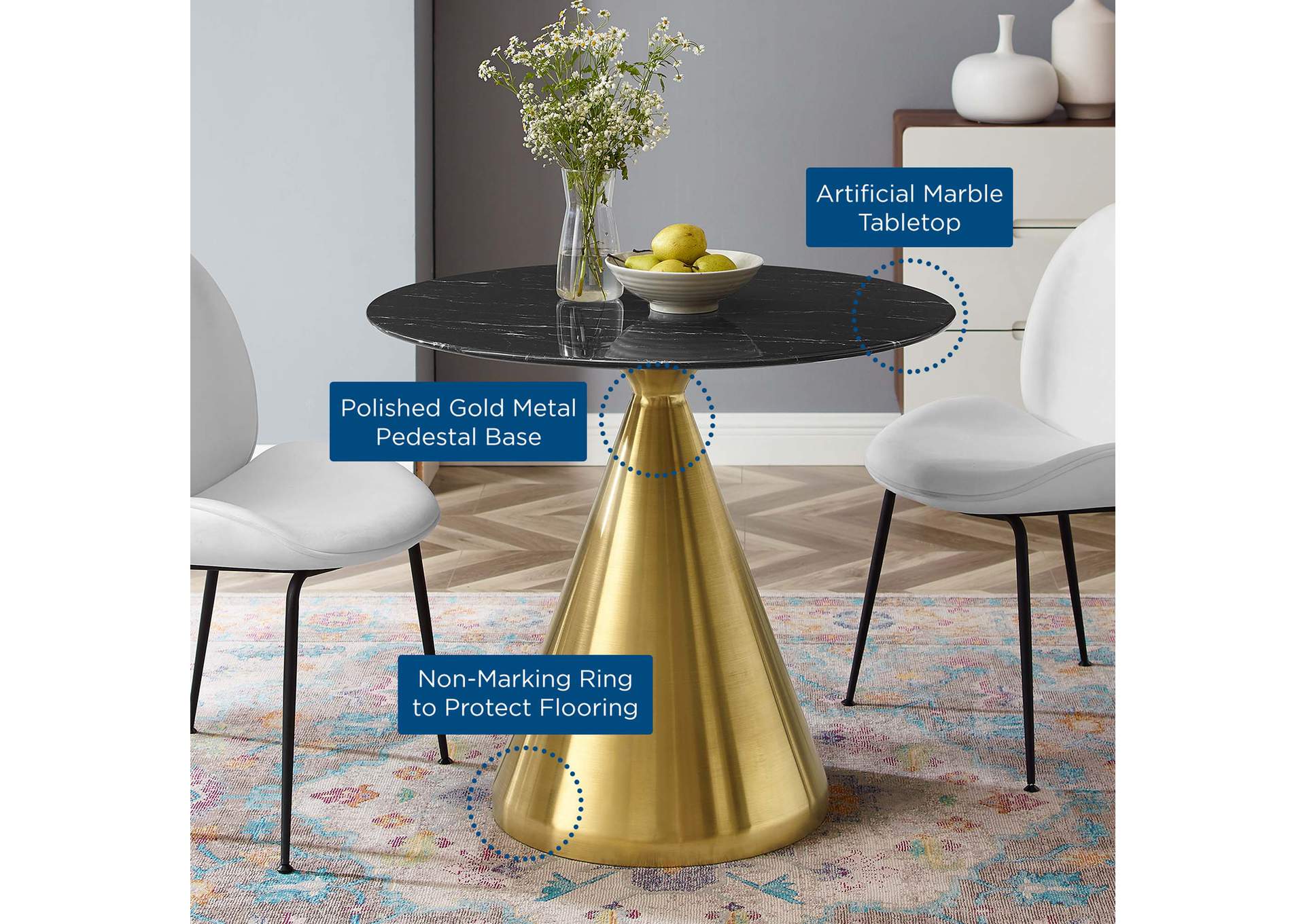 Gold Black Tupelo 36" Artificial Marble Dining Table,Modway