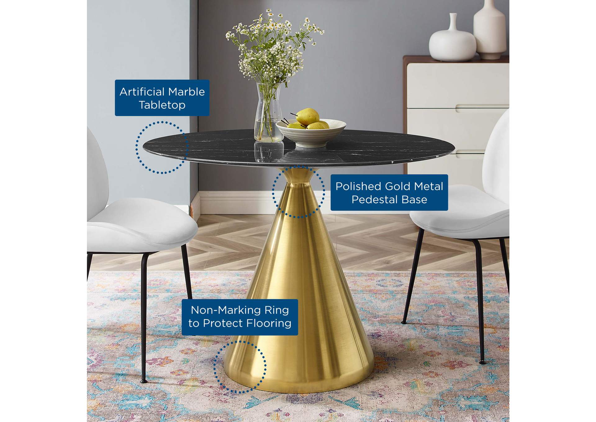 Gold Black Tupelo 42" Oval Artificial Marble Dining Table,Modway