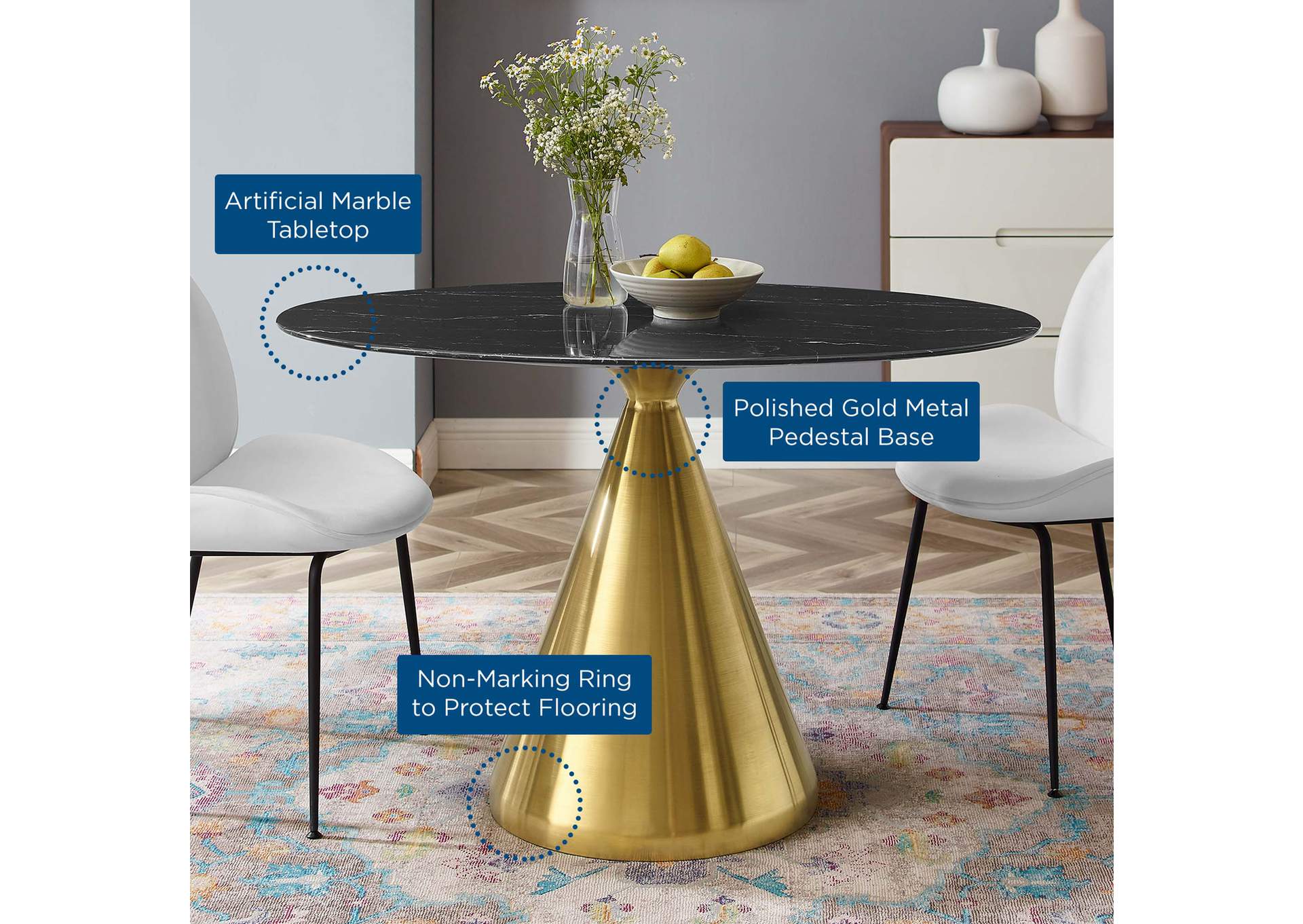 Gold Black Tupelo 48" Oval Artificial Marble Dining Table,Modway