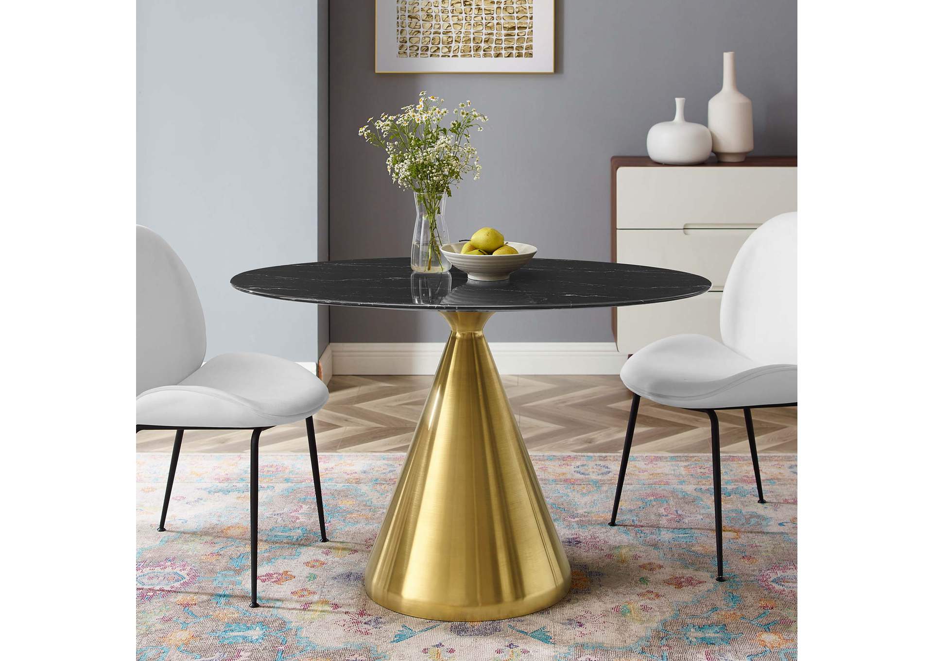 Gold Black Tupelo 48" Oval Artificial Marble Dining Table,Modway