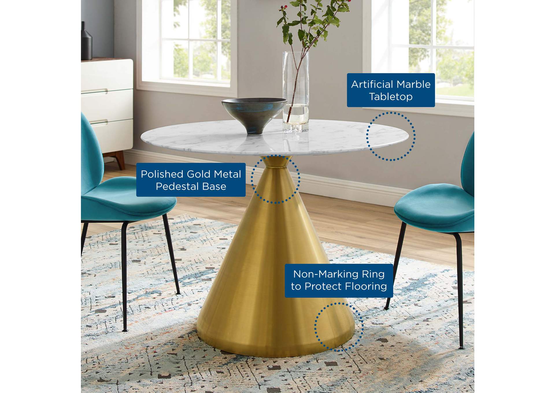 Gold White Tupelo 40" Artificial Marble Dining Table,Modway