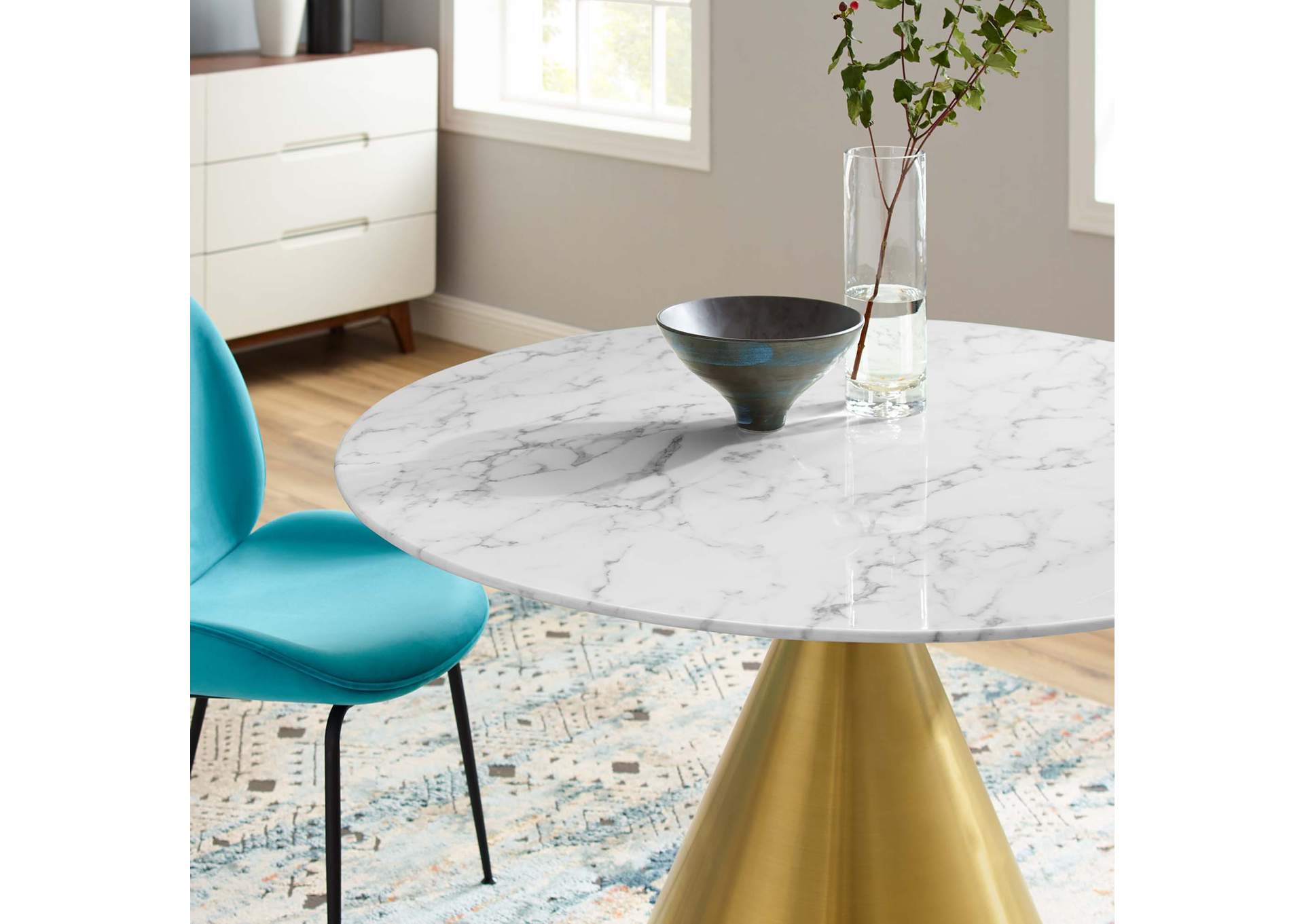 Gold White Tupelo 47" Artificial Marble Dining Table,Modway