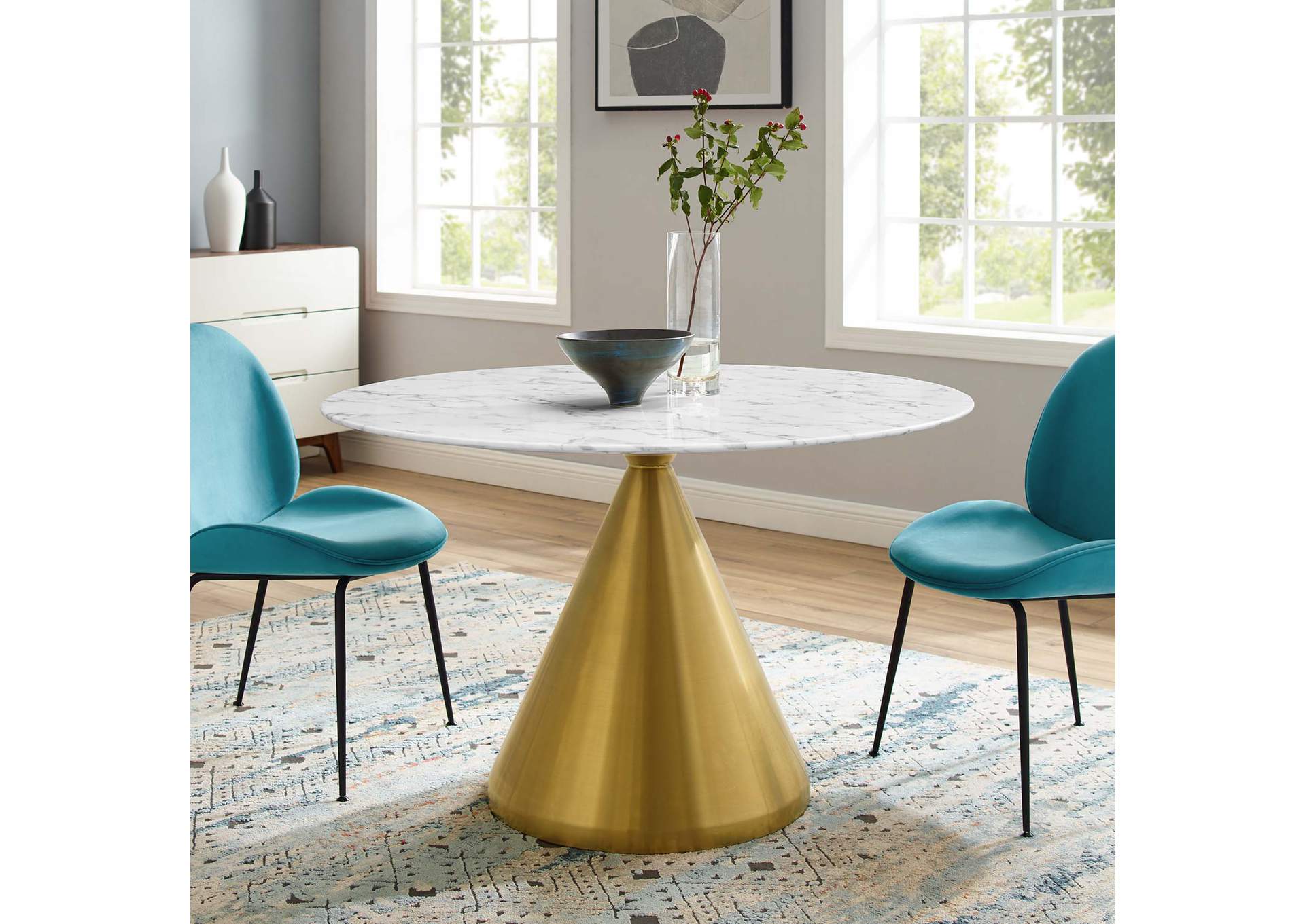 Gold White Tupelo 47" Artificial Marble Dining Table,Modway