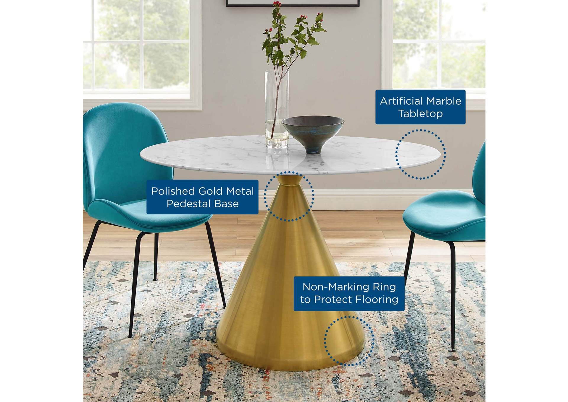 Gold White Tupelo 48" Oval Artificial Marble Dining Table,Modway