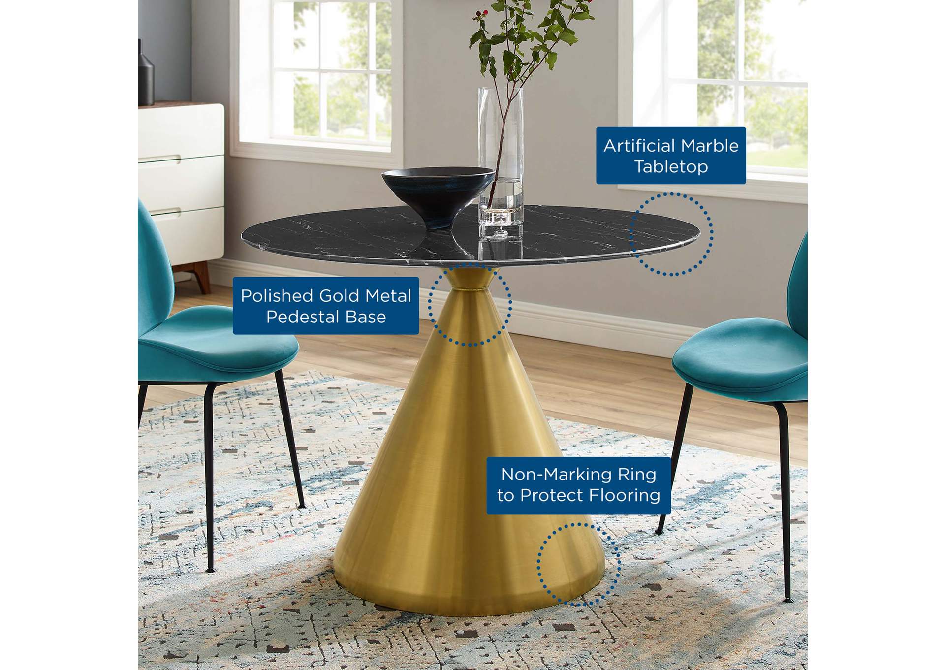 Gold Black Tupelo 40" Artificial Marble Dining Table,Modway
