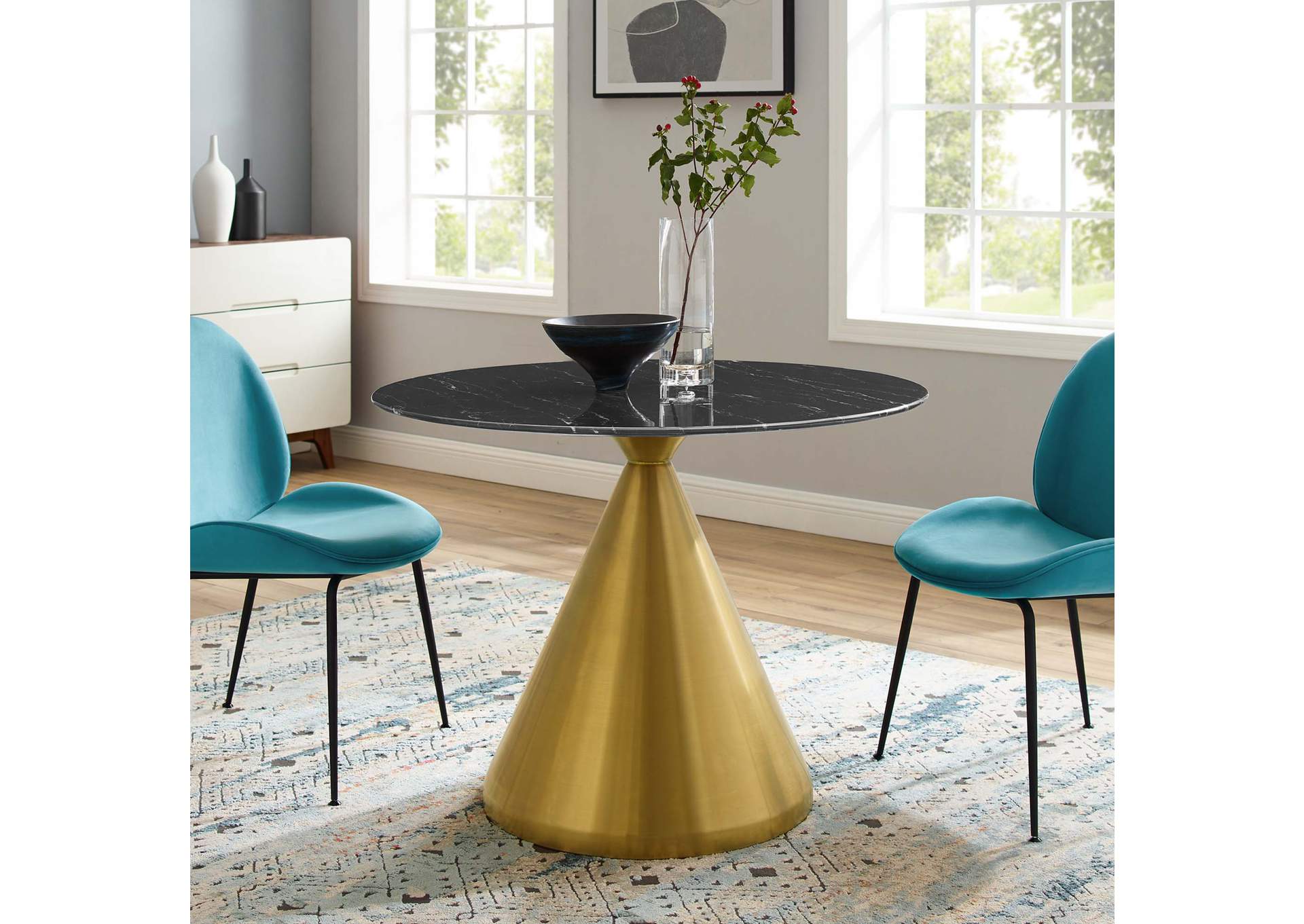 Gold Black Tupelo 40" Artificial Marble Dining Table,Modway