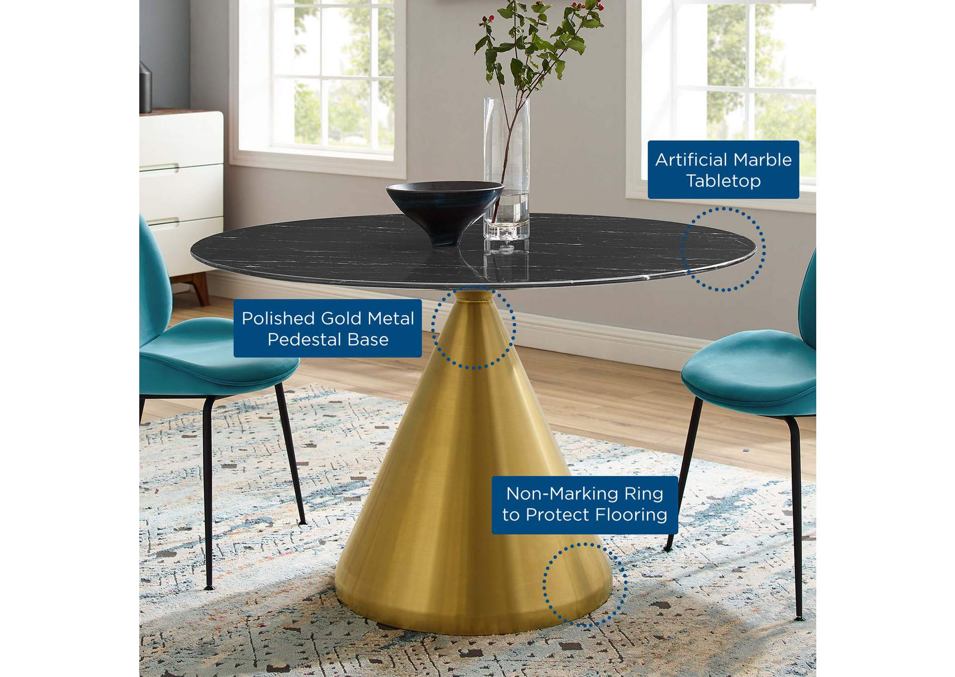 Gold Black Tupelo 47" Artificial Marble Dining Table,Modway