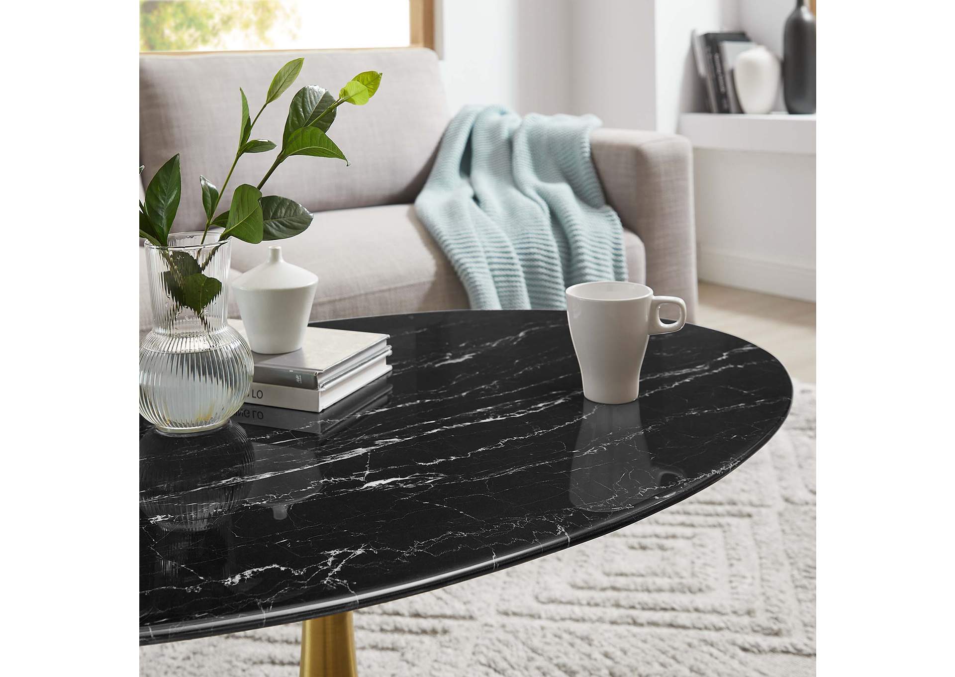 Gold Black Lippa 42" Oval Artificial Marble Coffee Table,Modway