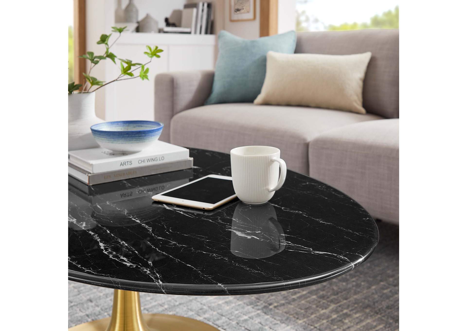 Gold Black Lippa 48" Oval Artificial Marble Coffee Table,Modway