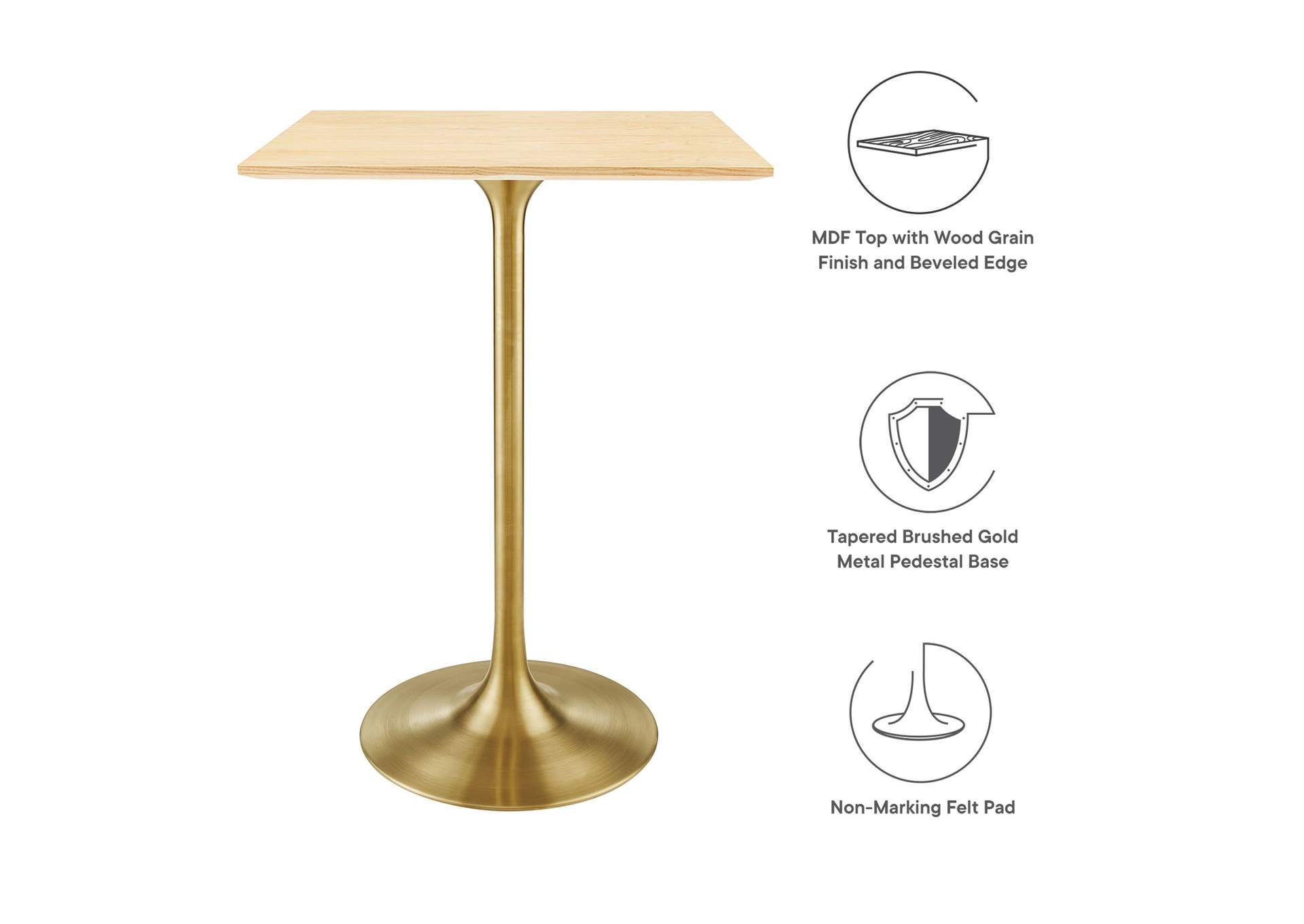Gold Natural Lippa 28" Square Wood Bar Table,Modway