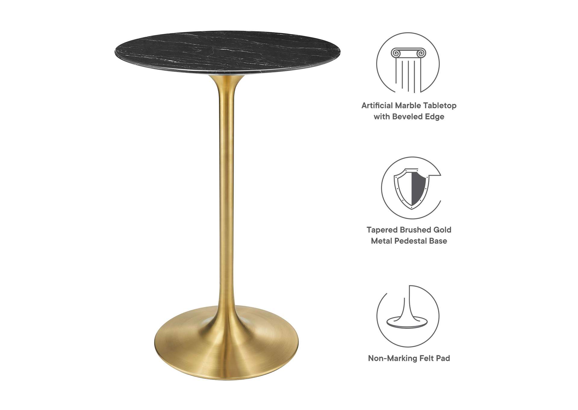 Gold Black Lippa 28" Artificial Marble Bar Table,Modway