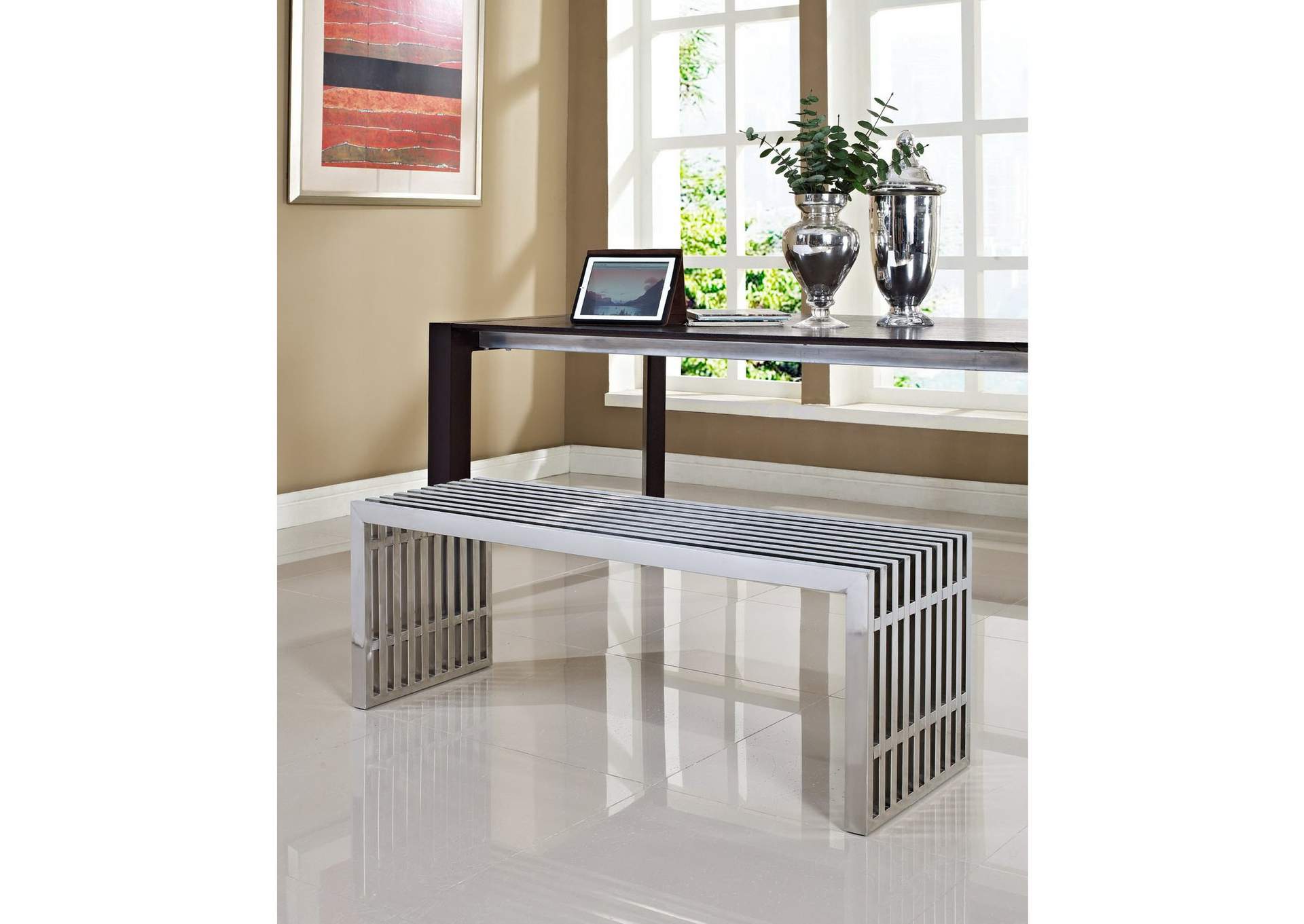 Silver Gridiron Large Stainless Steel Bench,Modway