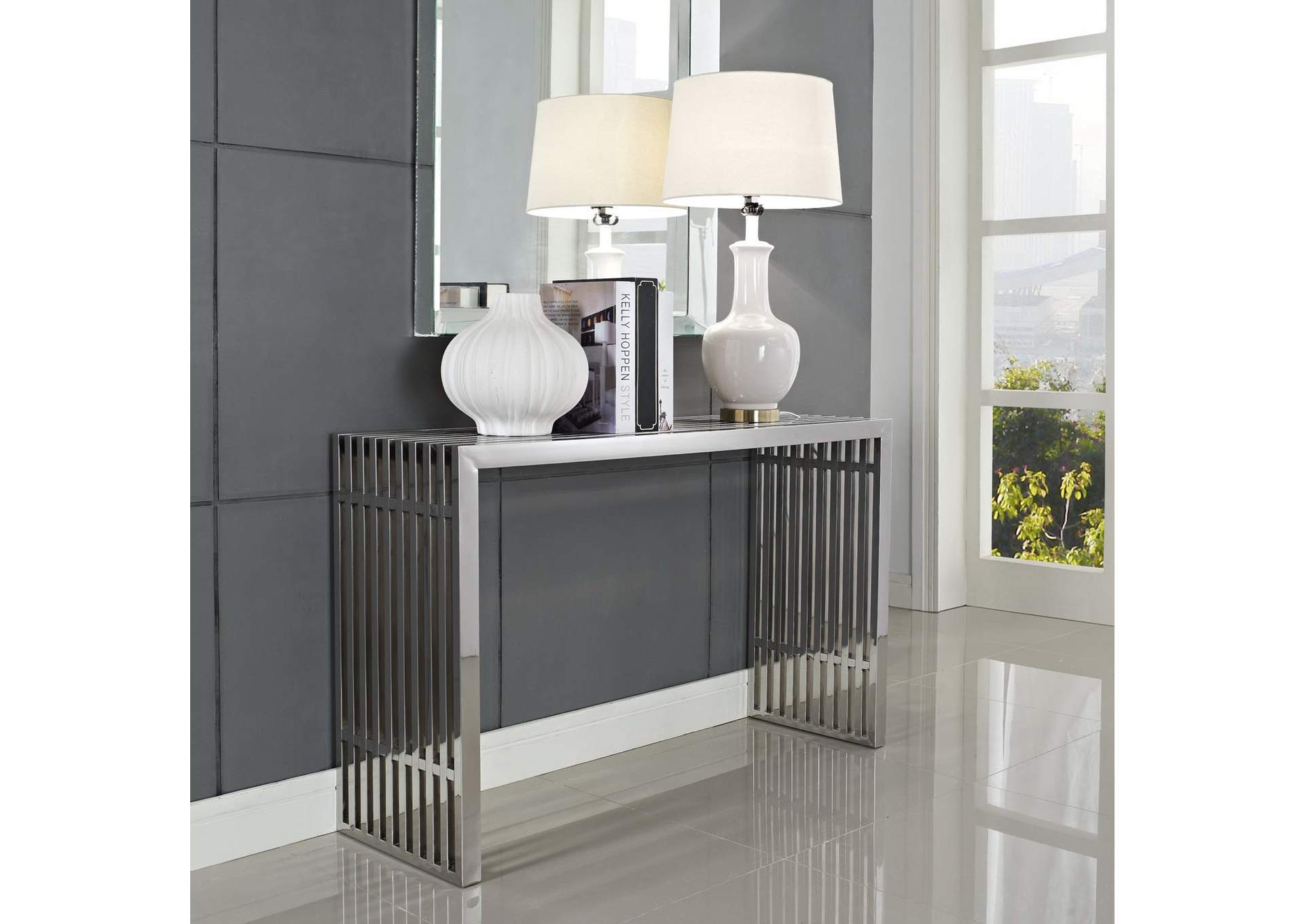 Silver Gridiron Console Table,Modway