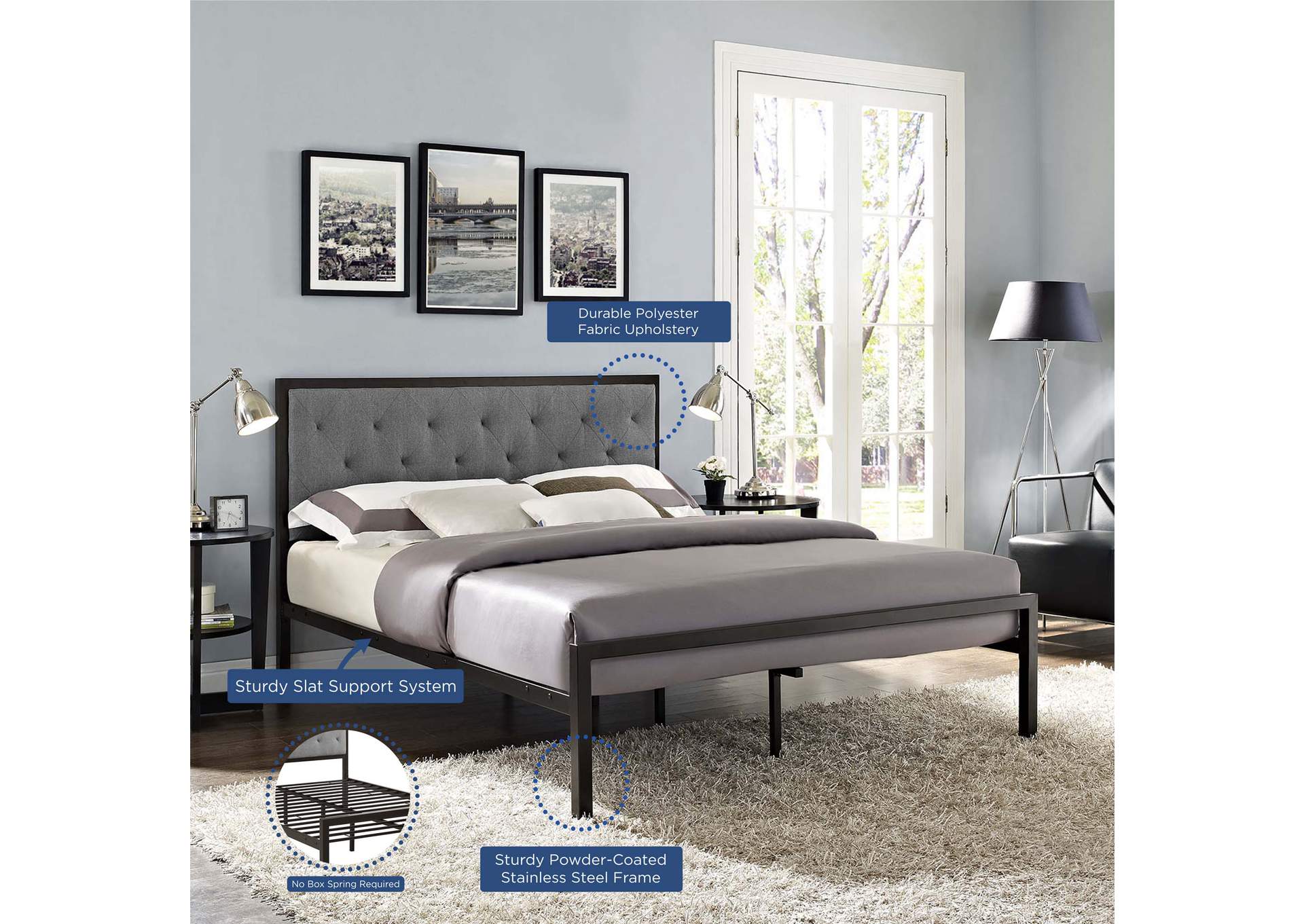 Brown Gray Mia Queen Bed - Fabric,Modway