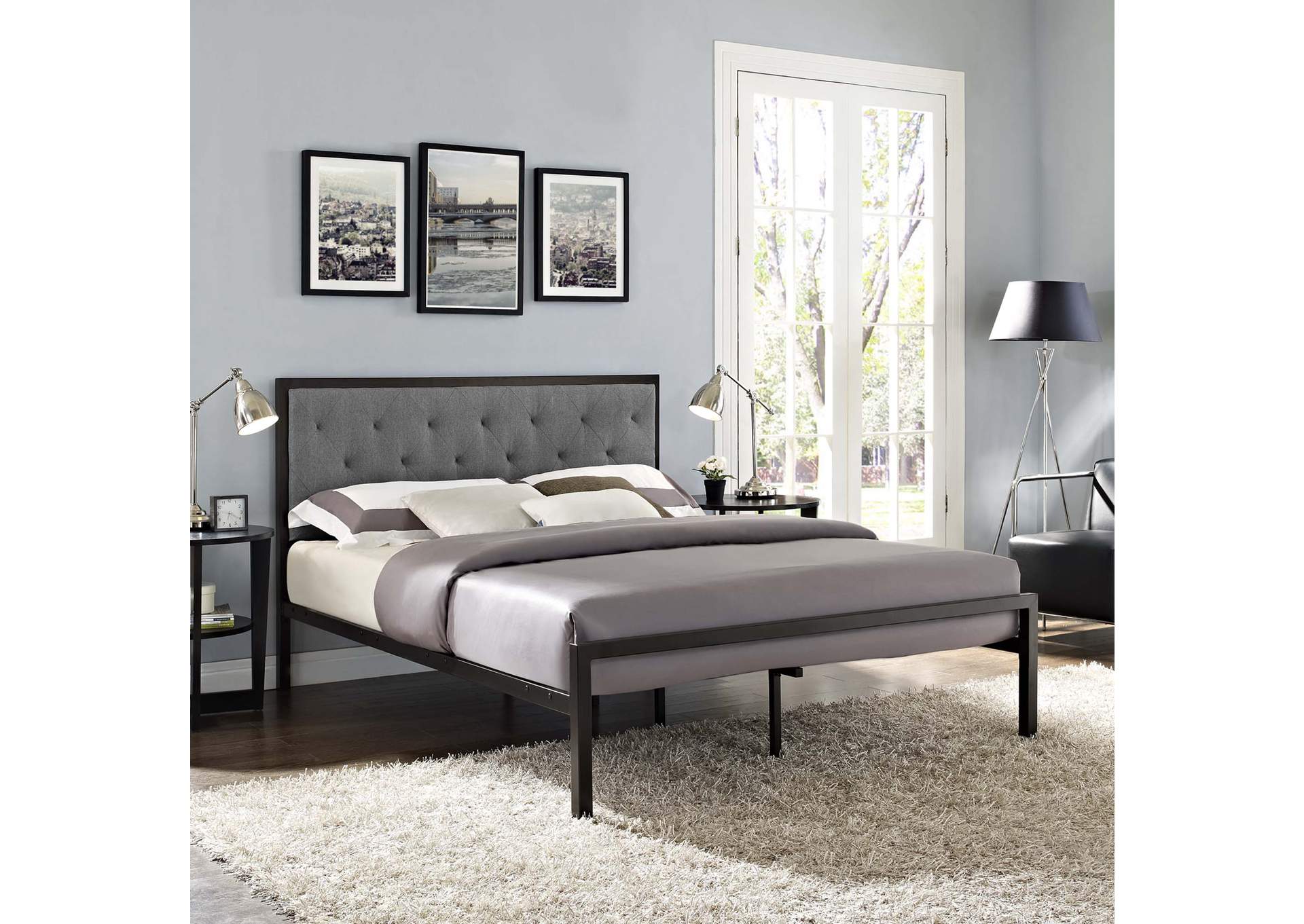 Brown Gray Mia Queen Bed - Fabric,Modway