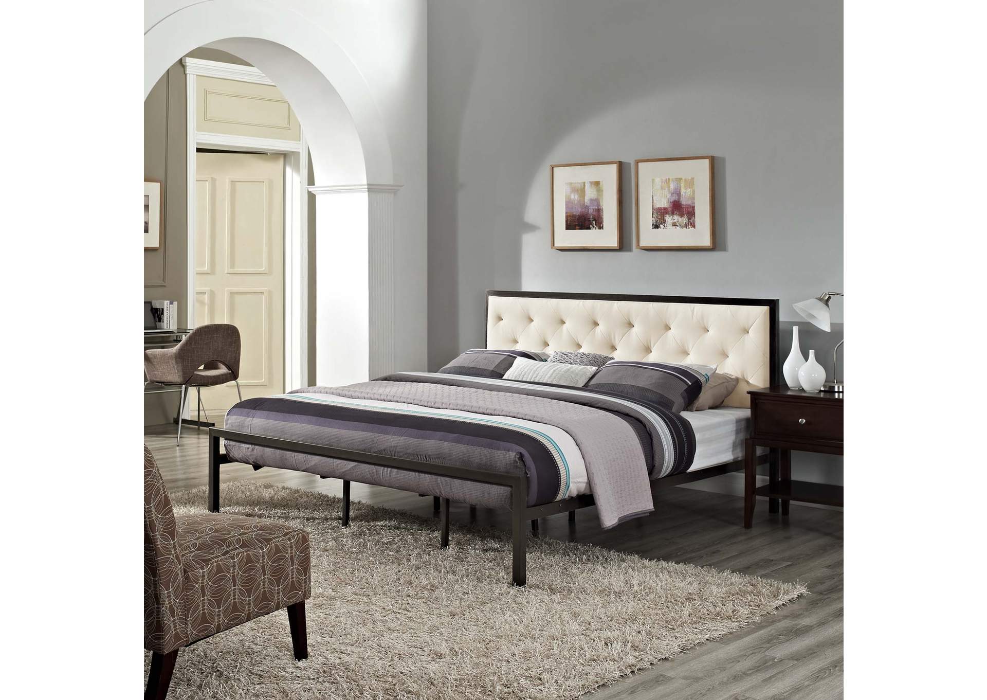 Brown Beige Mia King Bed - Fabric,Modway