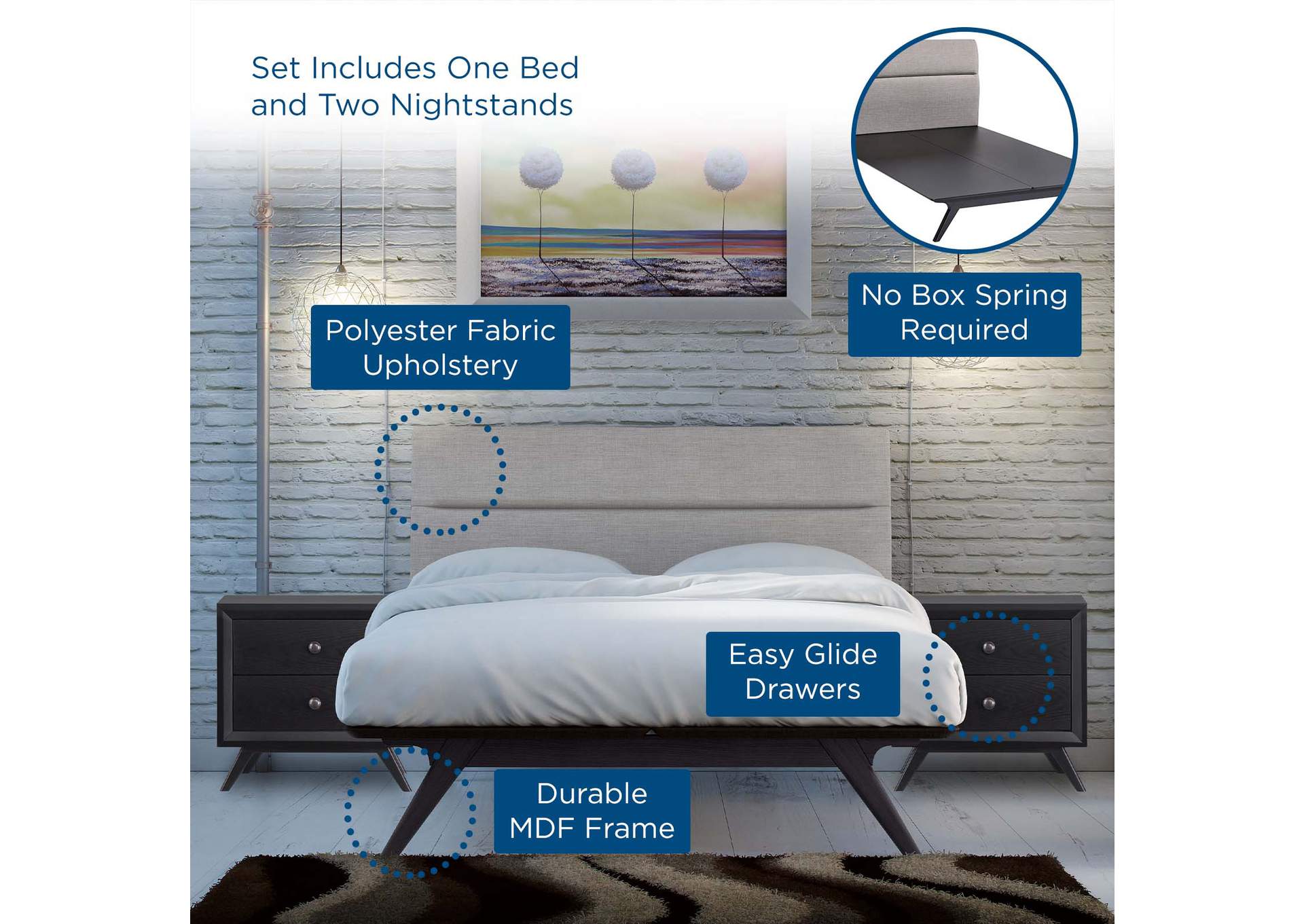 Black Gray Addison 3 Piece Queen Bedroom Set,Modway
