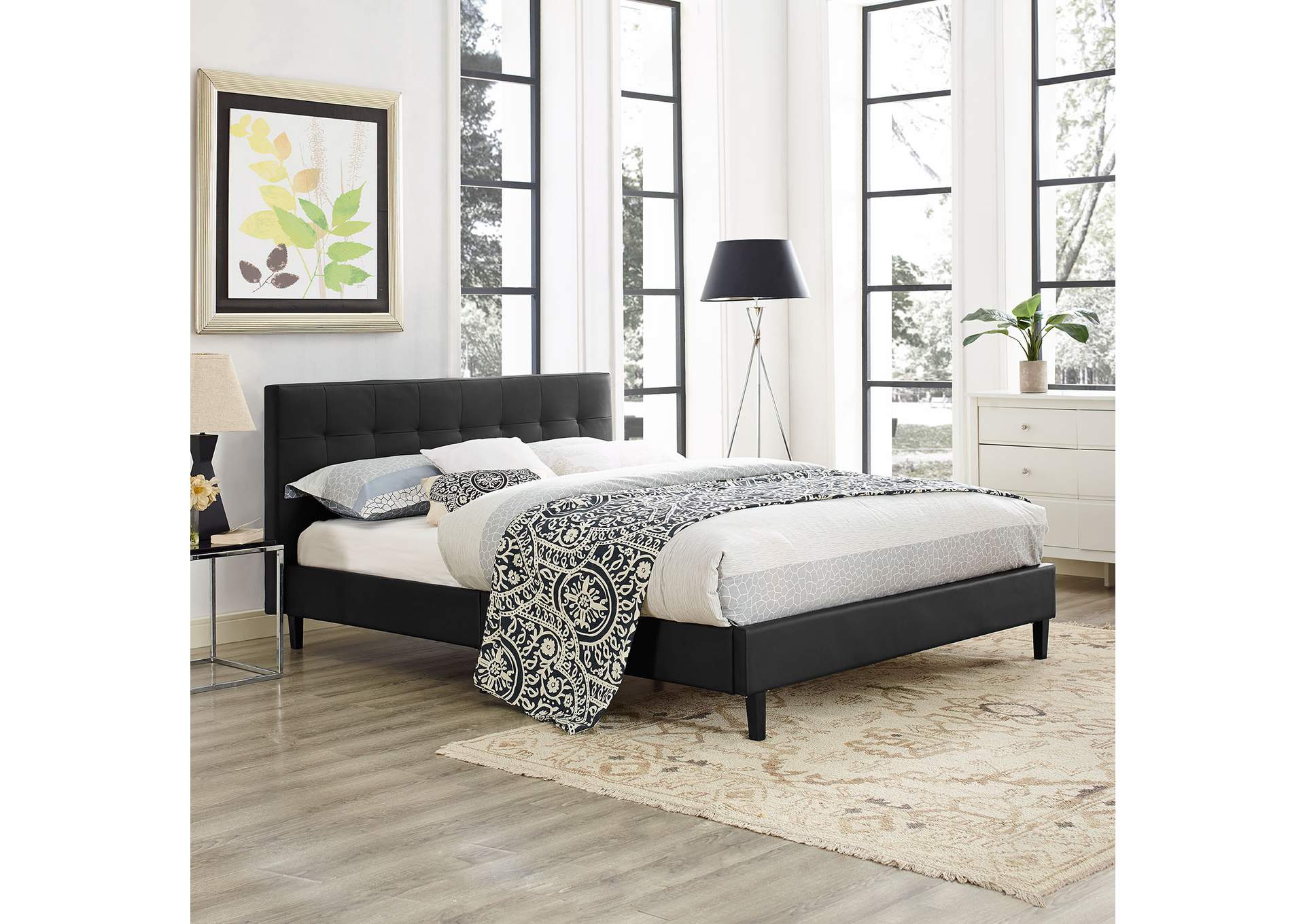 Black Linnea Queen Bed - Faux Leather,Modway