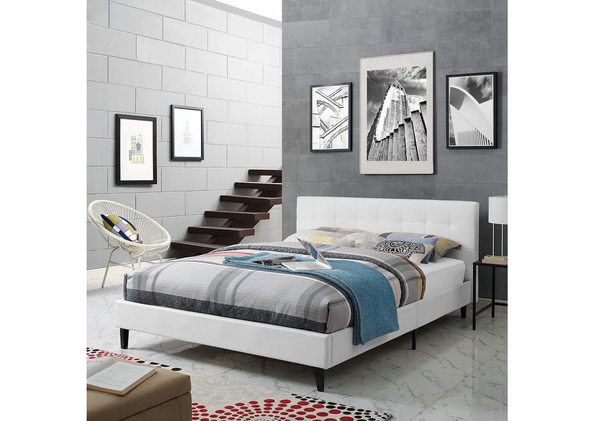 White Linnea Queen Bed - Faux Leather,Modway