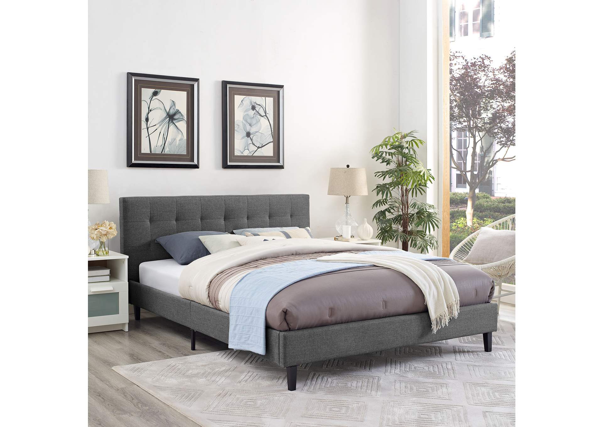 Gray Linnea Queen Bed - Fabric,Modway