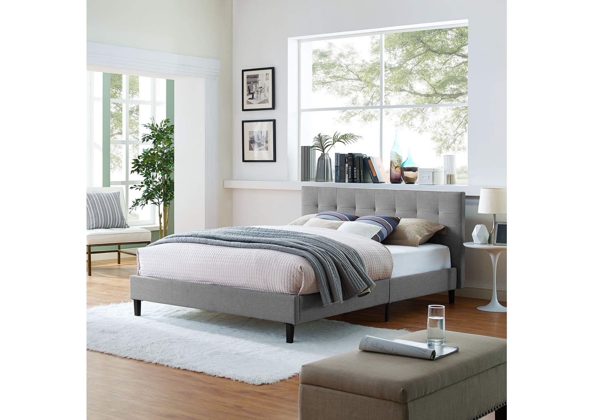 Light Gray Linnea Queen Bed - Fabric,Modway