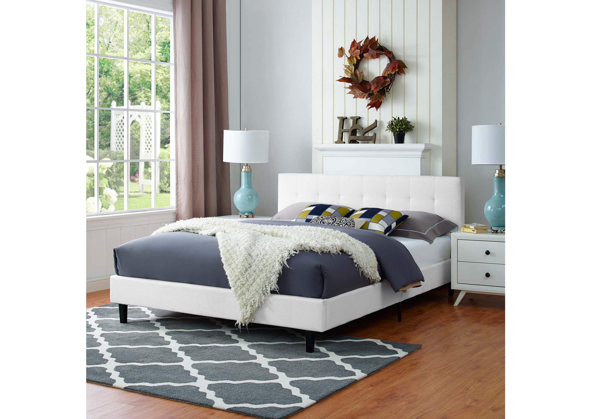 White Linnea Queen Bed - Fabric,Modway