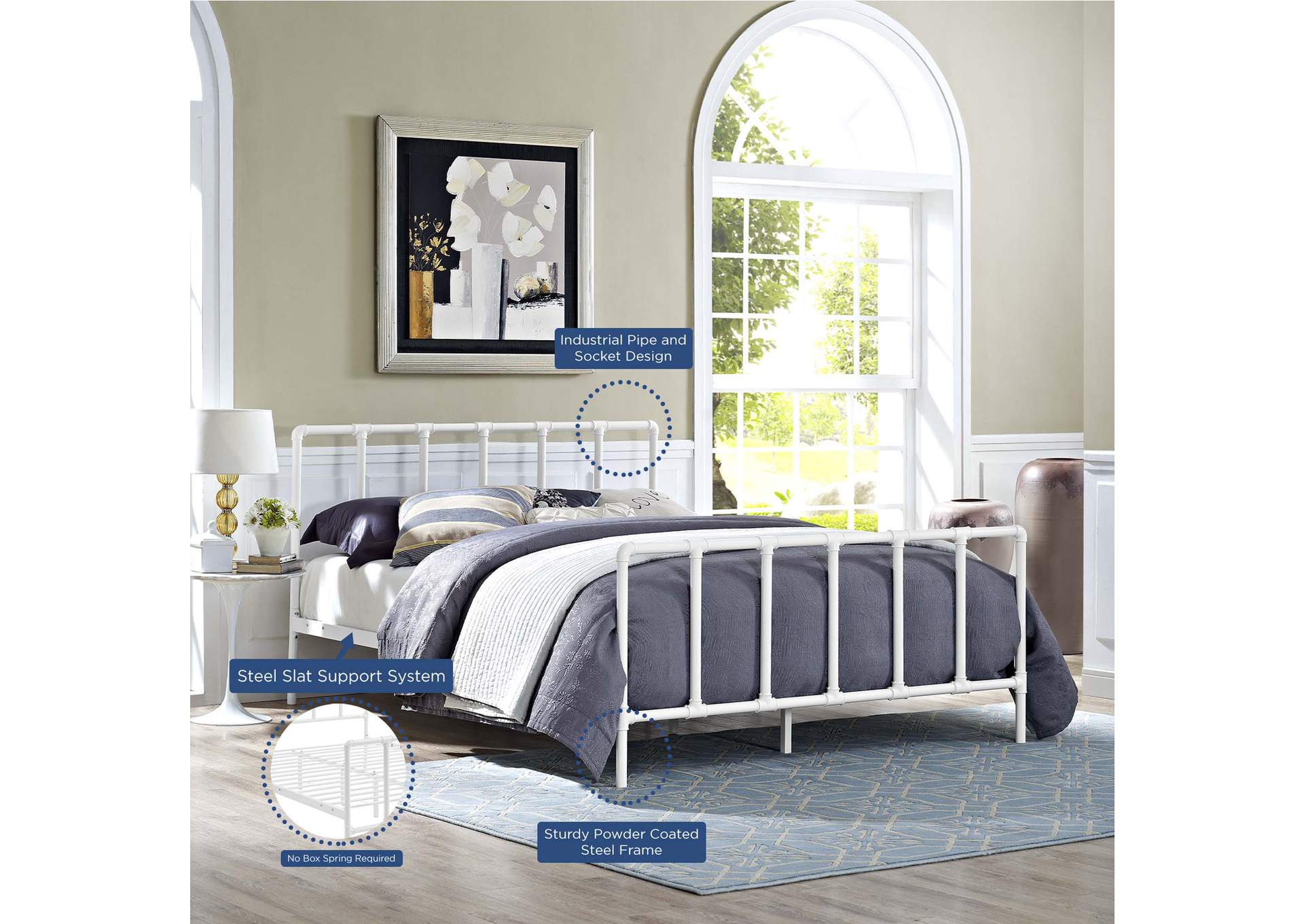 White Dower Queen Bed - Stainless Steel,Modway