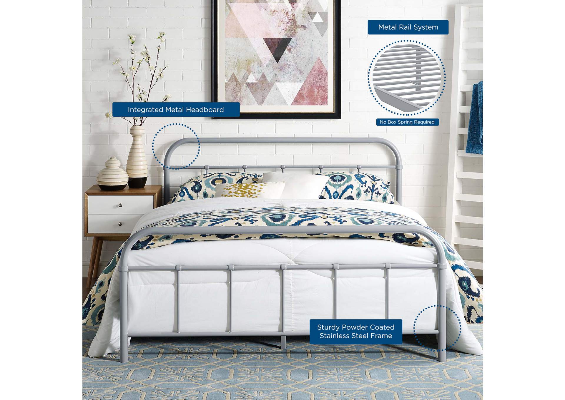 Gray Maisie Queen Bed - Stainless Steel Frame,Modway