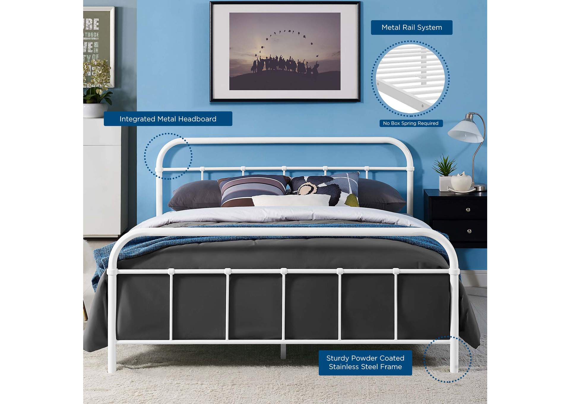 White Maisie Queen Bed - Stainless Steel Frame,Modway