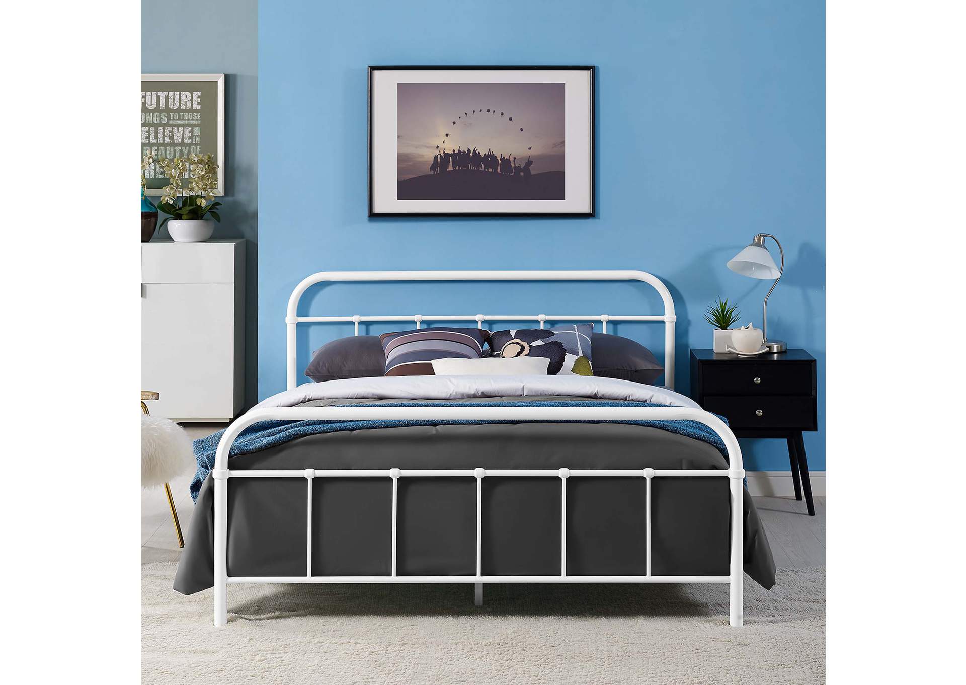 White Maisie Queen Bed - Stainless Steel Frame,Modway