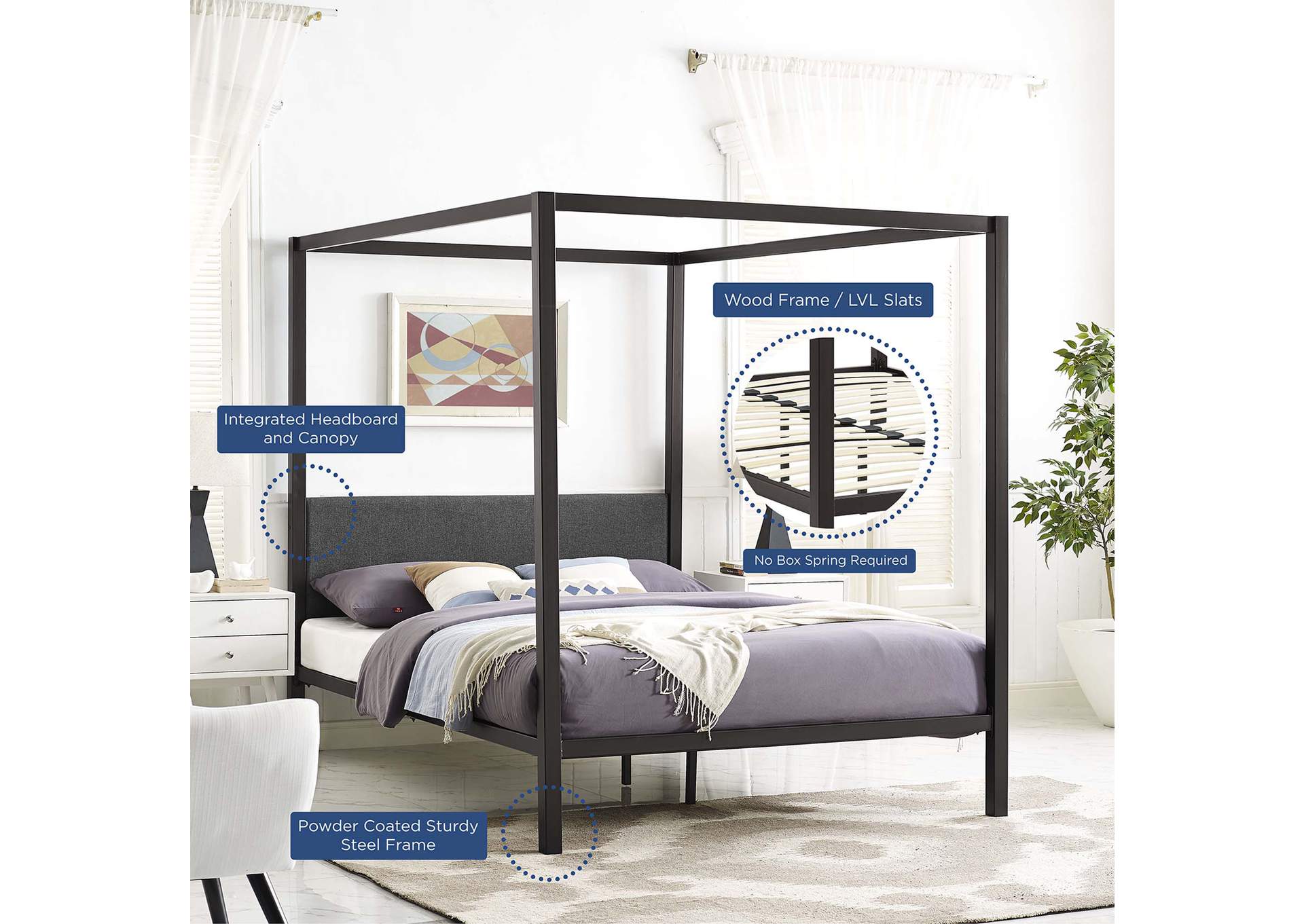 Brown Gray Raina Queen Canopy Bed Frame,Modway