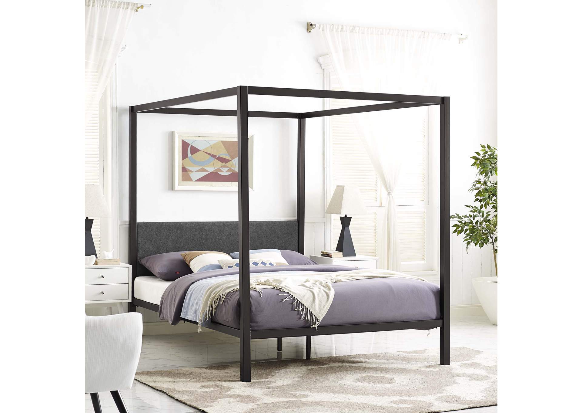 Brown Gray Raina Queen Canopy Bed Frame,Modway