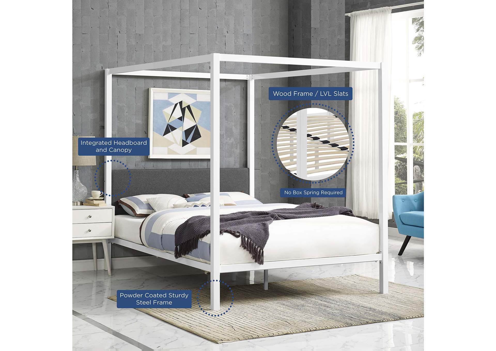 White Gray Raina Queen Canopy Bed Frame,Modway