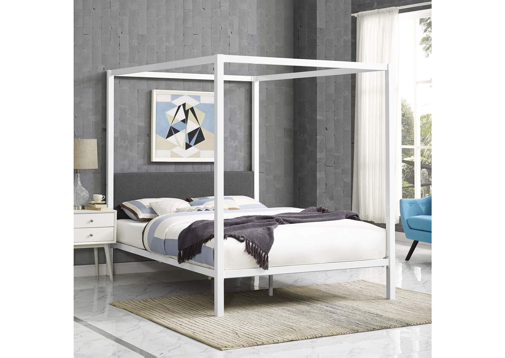 White Gray Raina Queen Canopy Bed Frame,Modway