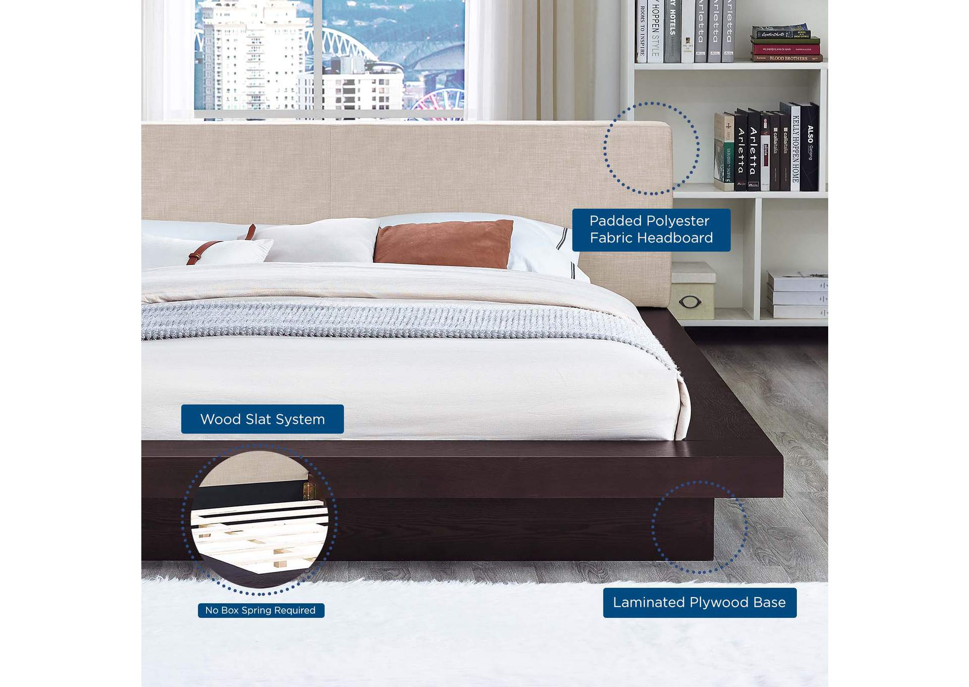 Cappuccino Beige Freja Platform Queen Bed - Fabric,Modway