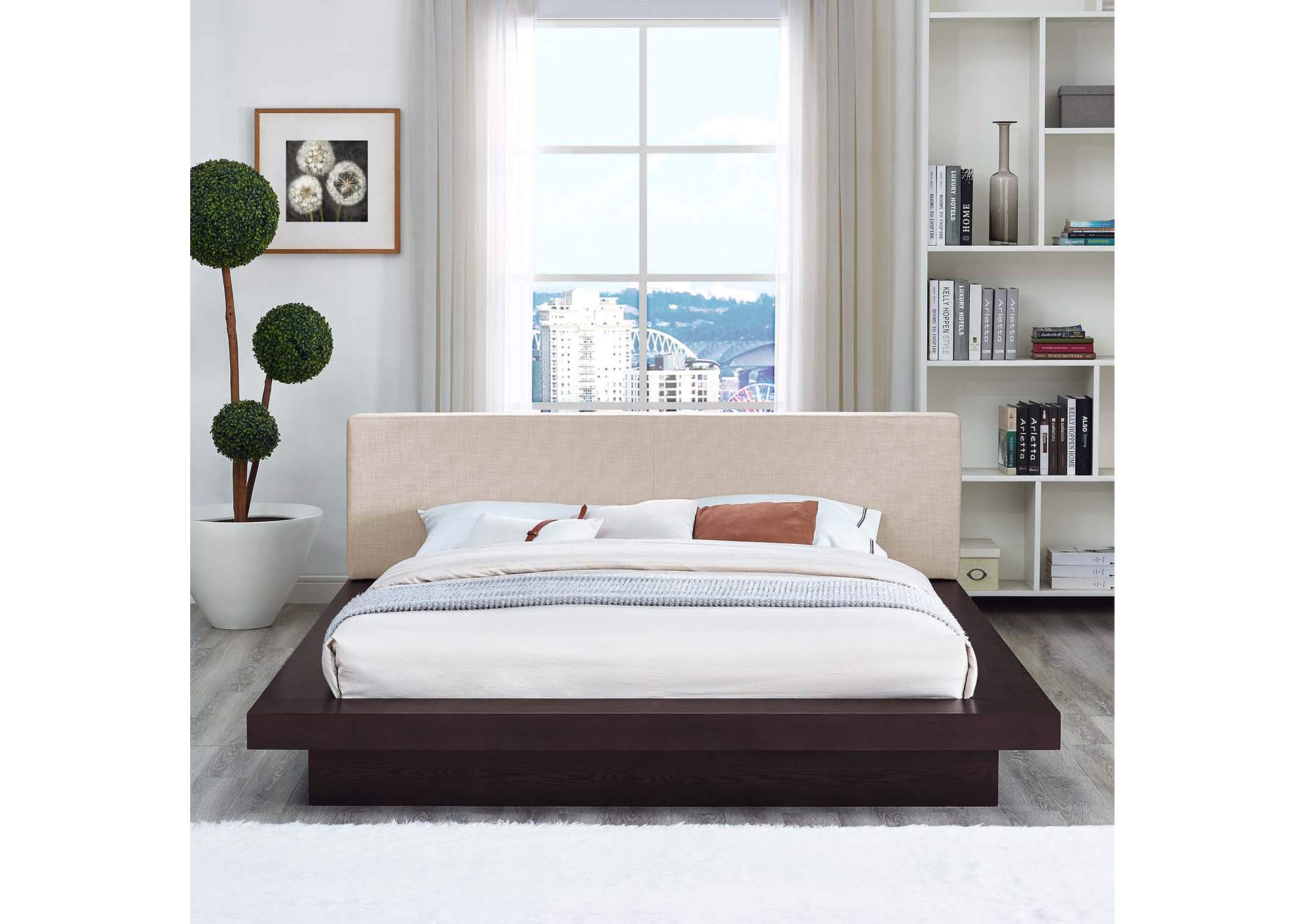 Cappuccino Beige Freja Platform Queen Bed - Fabric,Modway